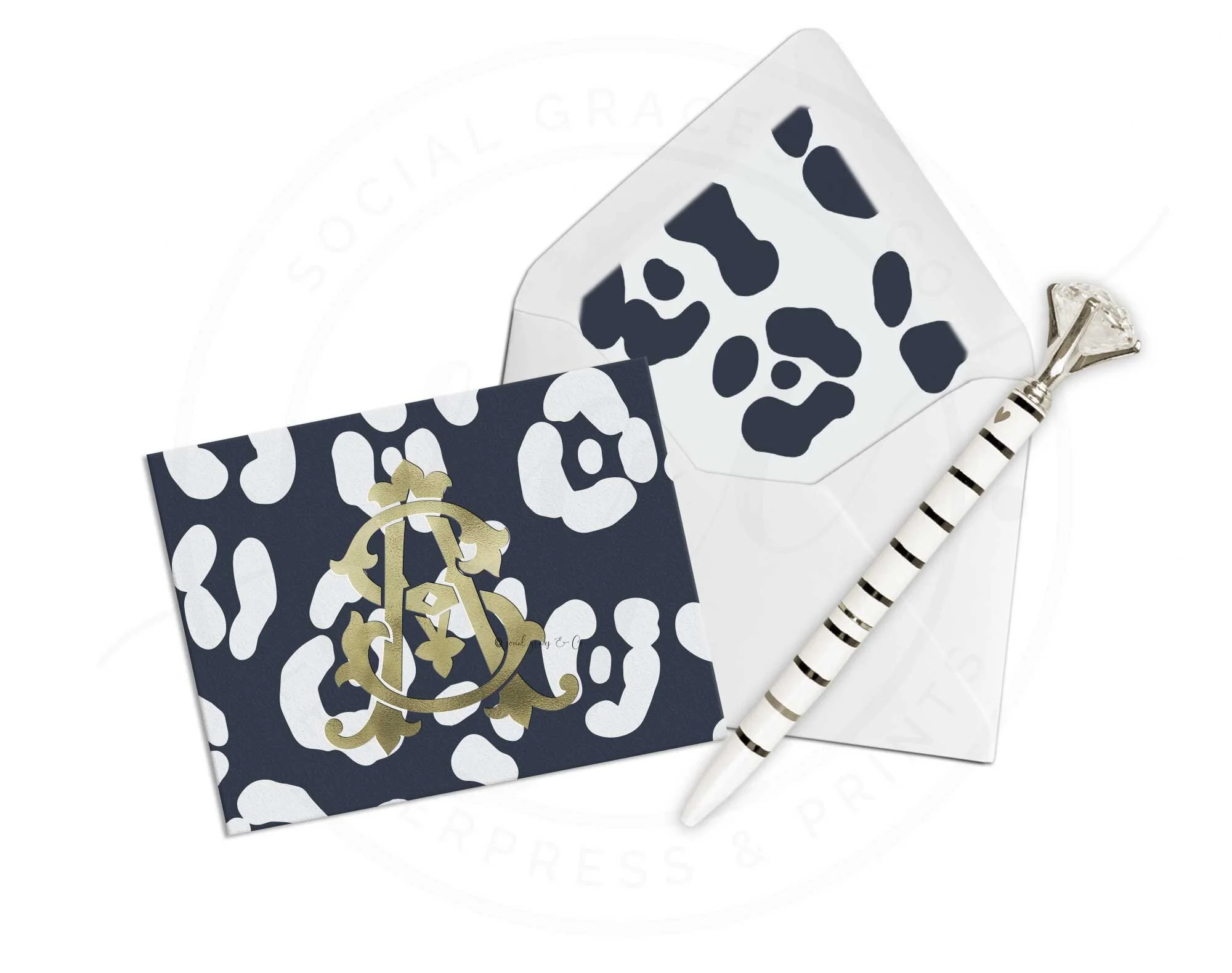 Monogrammed Leopard Print Gold Foil Stationery Note Cards