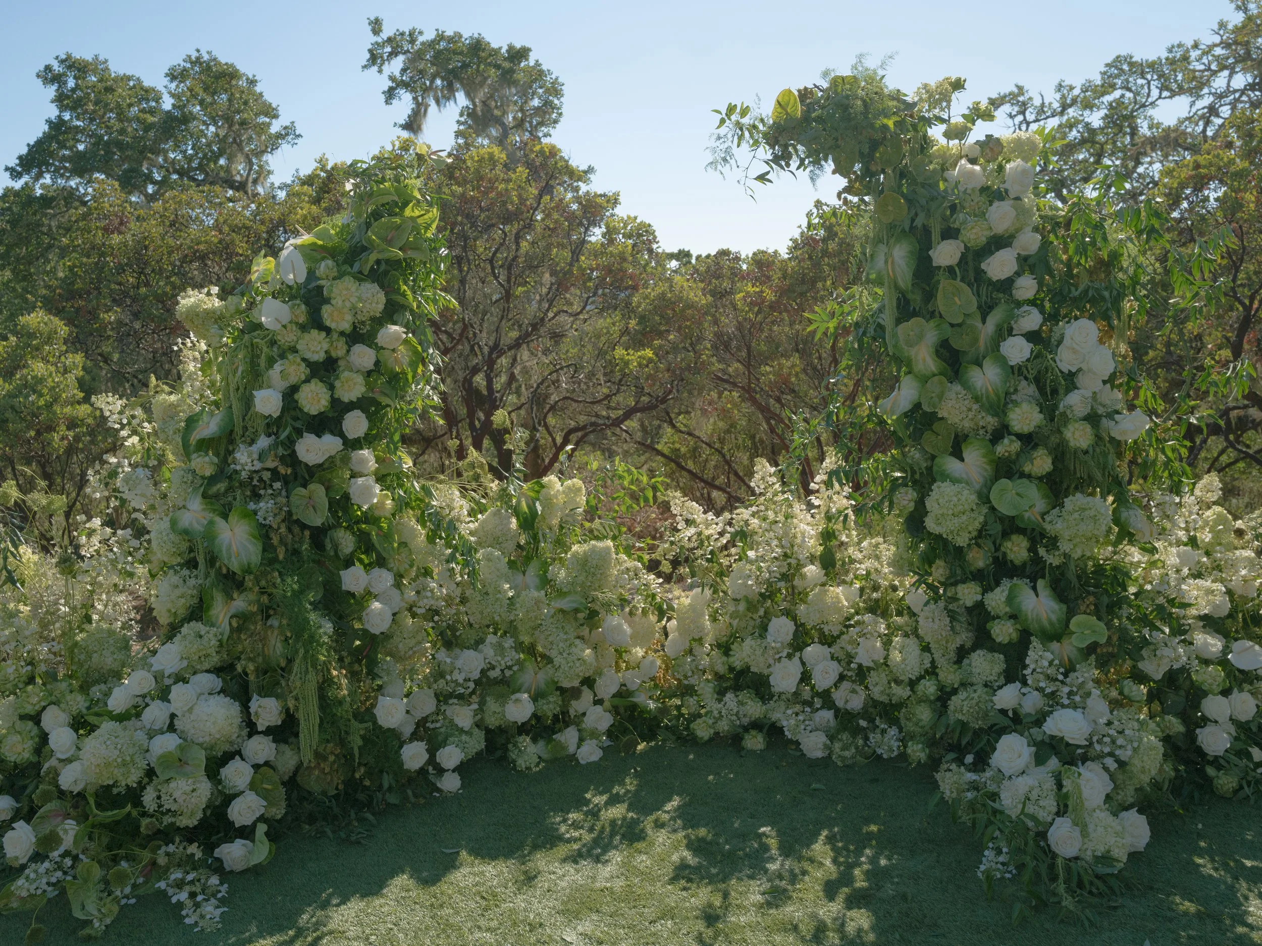 White hydrangea wedding ceremony florals on the lawn at Montage Healdsburg