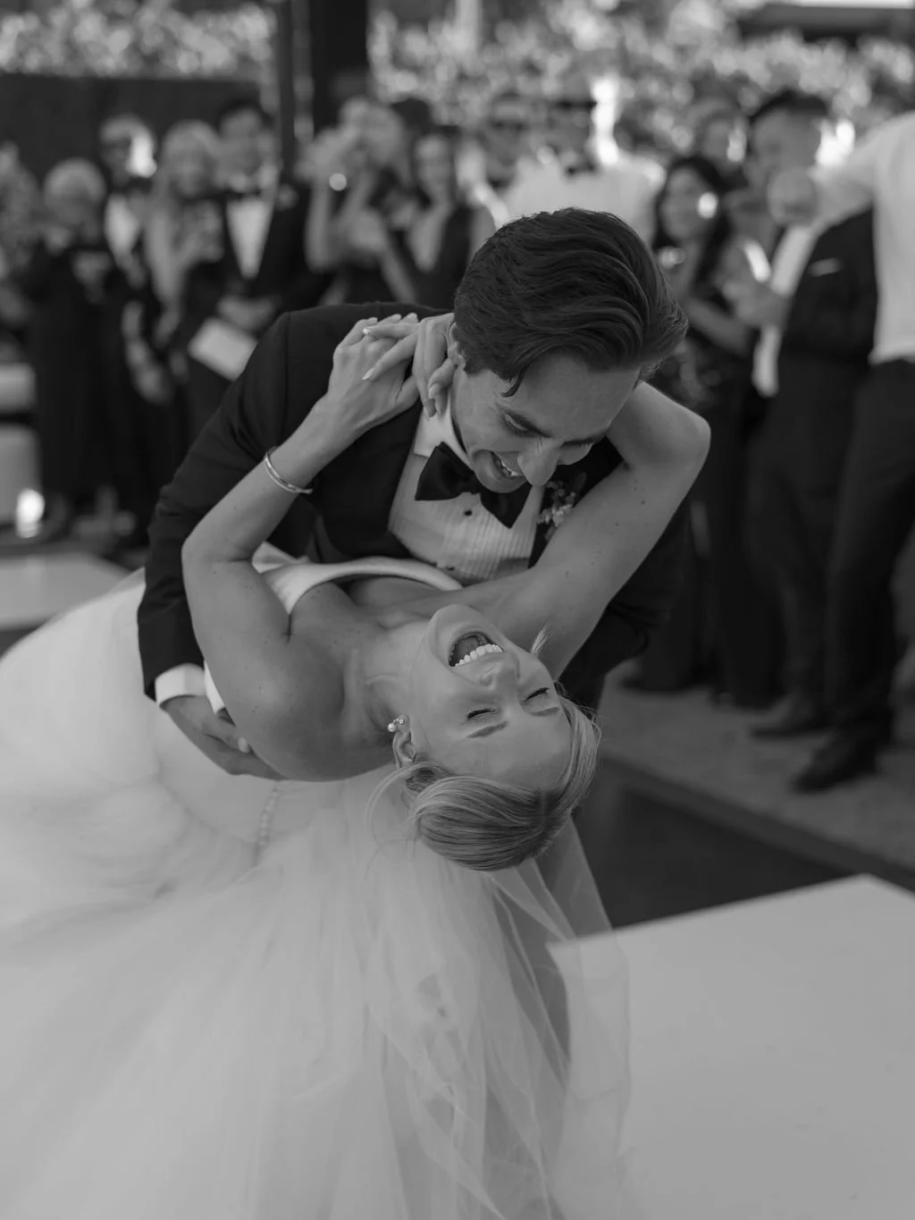 Black-and-white first dance dip at a Montage Healdsburg wedding