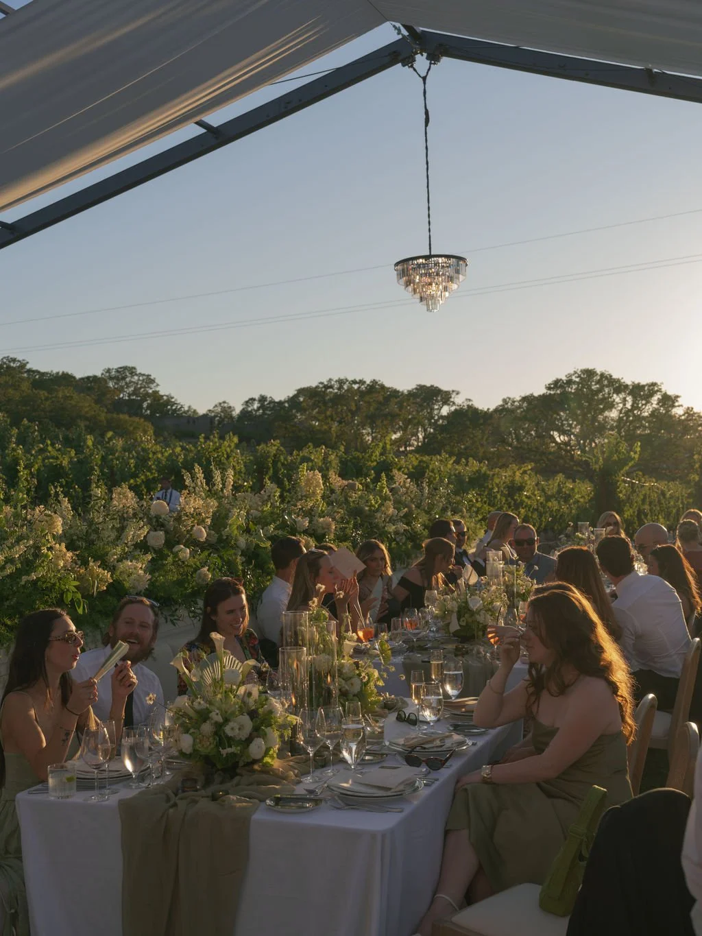 Wedding reception dinner at sunset overlooking the vineyard at Montage Healdsburg