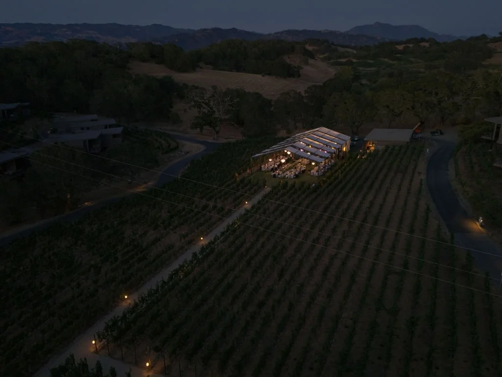 Twilight aerial view of a vineyard wedding reception at Montage Healdsburg