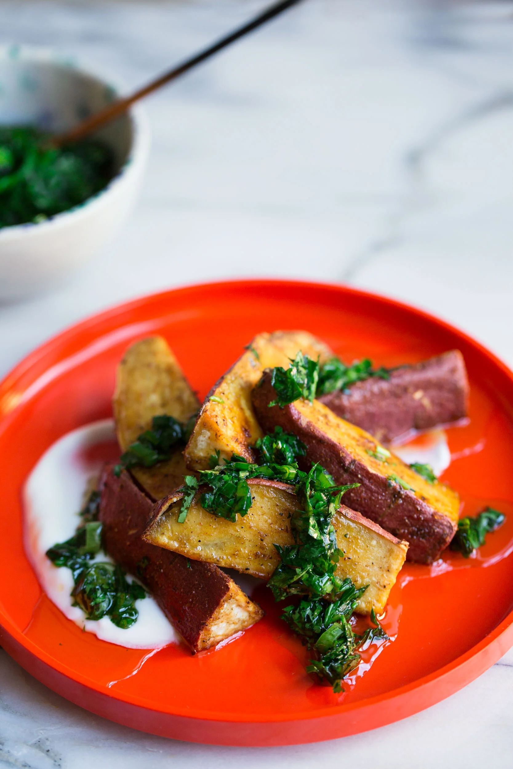 Charred Sweet Potato Wedges w. Herb Salsa