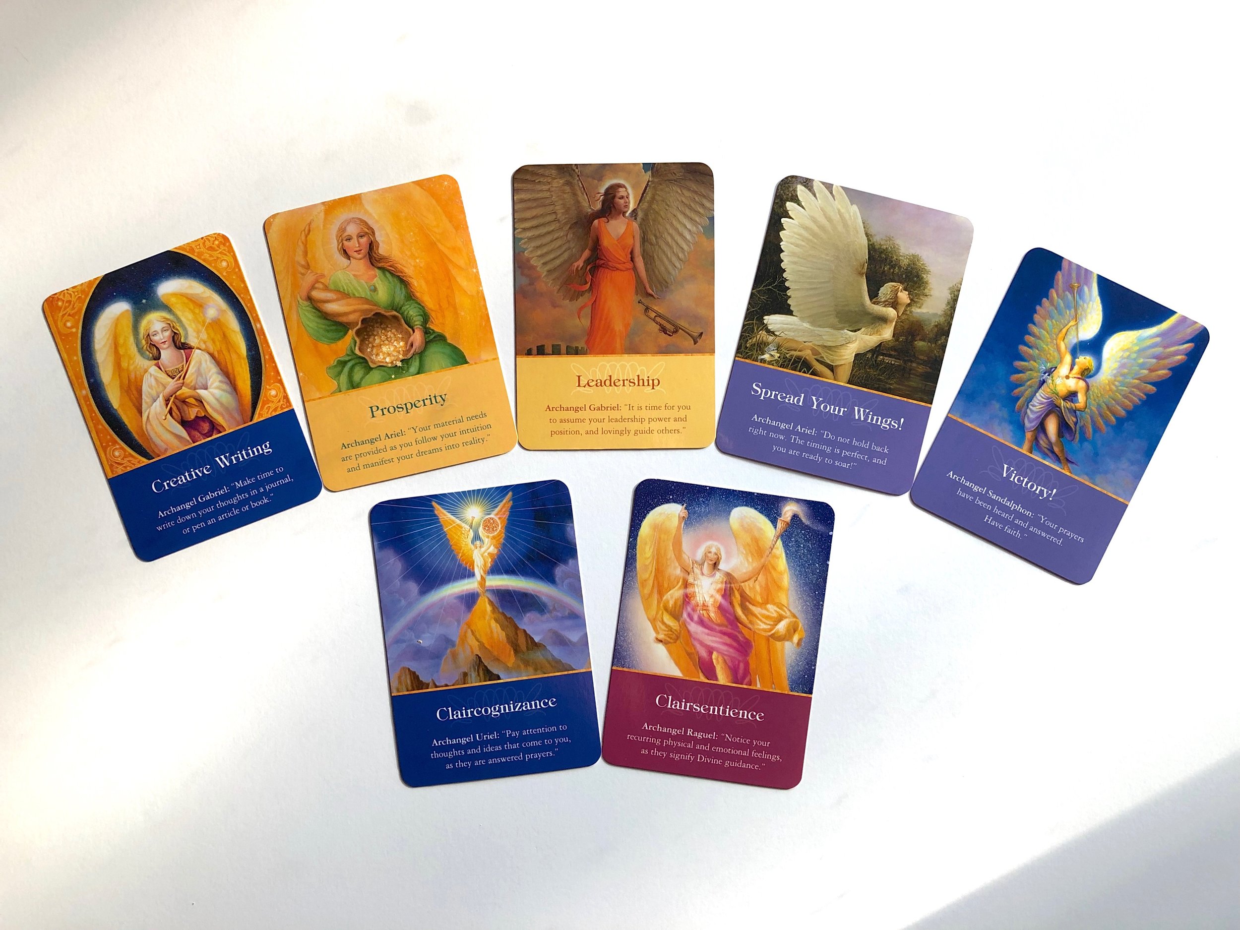 The 7 cards that have been repeating themselves in my readings for many weeks now. No matter how much I shuffle the deck my hand is repeatedly drawn to them. It almost feels like my hand is being held and guided. A very strange sensation. (From the deck “Archangel Oracle Cards” © 2004 by Doreen Virtue.)