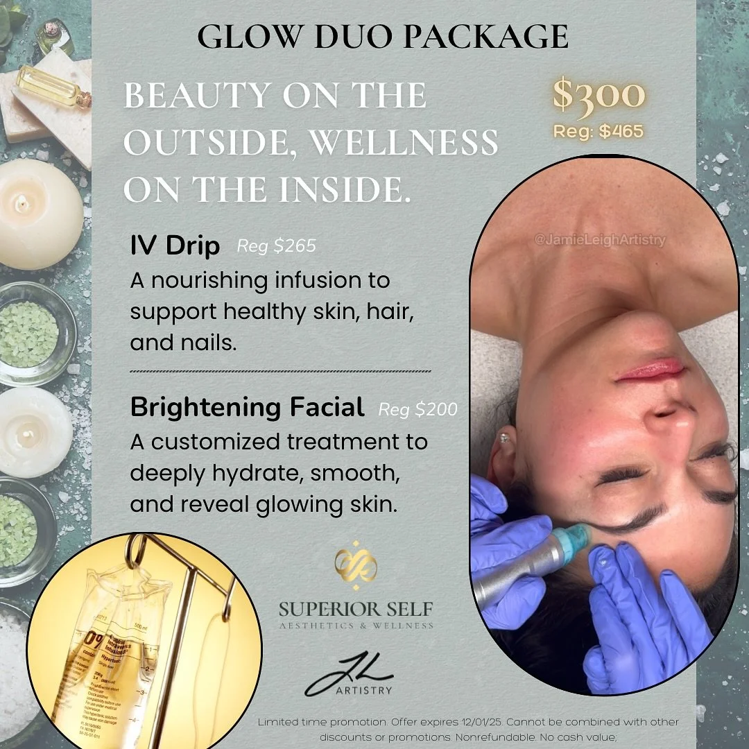 ✨ Glow Duo Package ✨ 

Everyone&rsquo;s favorite combination: IV&rsquo;s and Facials

This sale-of-the-season package includes a brightening facial and an iv drip to promote healthy hair, skin, and nails. 

Both services are completely customizable a