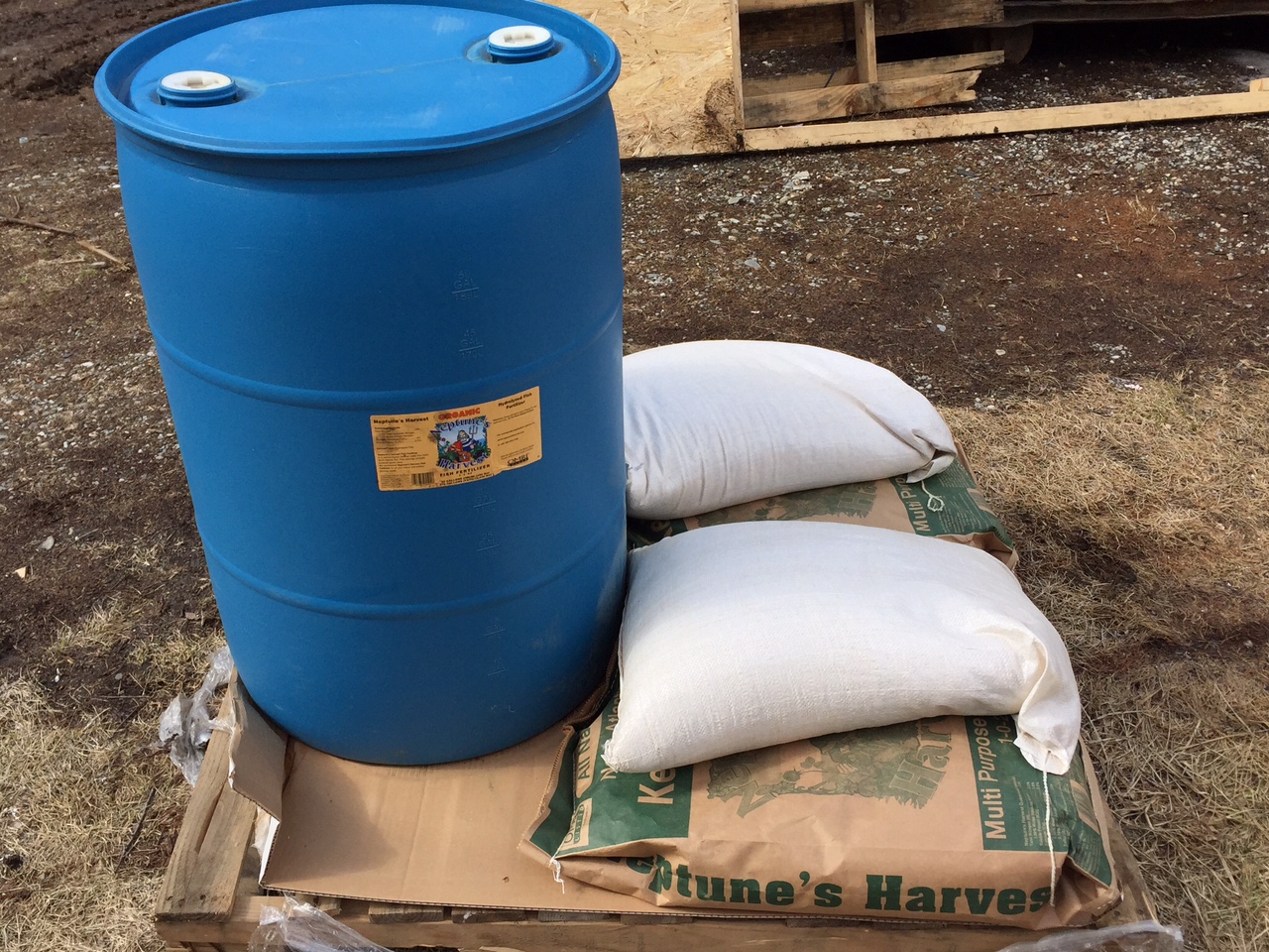 Some of the smaller goodies are not shown. The drum is full of fish gurry, white bags are crab shell and the brown and green bags are kelp meal.