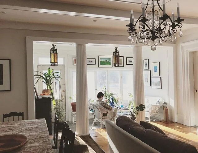 Here is a before and after of the sunroom. Sadly we couldn&rsquo;t find any great photos of the terrible mural that we painted over but that&rsquo;s what made the most visible change. That and all the trim work. It&rsquo;s hard to see now but this is