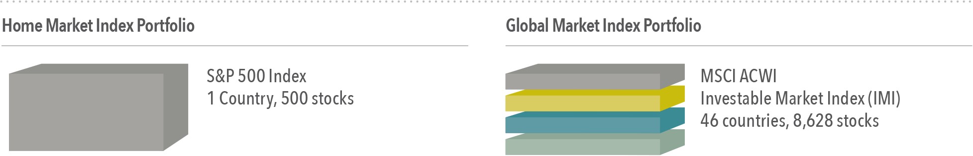 Number of holdings and countries for the S&P 500 Index and MSCI ACWI (All Country World Index) Investable Market Index (IMI) as of December 31, 2016. The S&P data is provided by Standard & Poor’s Index Services Group. MSCI data ©MSCI 2017, all rights reserved. International investing involves special risks such as currency fluctuation and political stability. Investing in emerging markets may accentuate those risks. Diversification does not eliminate the risk of market loss. Indices are not available for direct investment