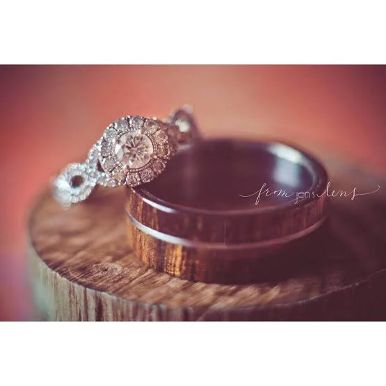 Handmade ironwood wedding ring & diamond engagement ring set on on tree branch box
