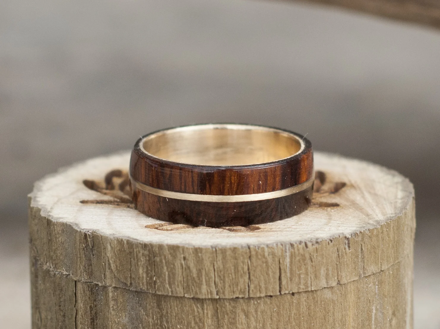 Handmade wood & yellow gold wedding band. Hand shaped and set. Custom designed and handmade wedding band.