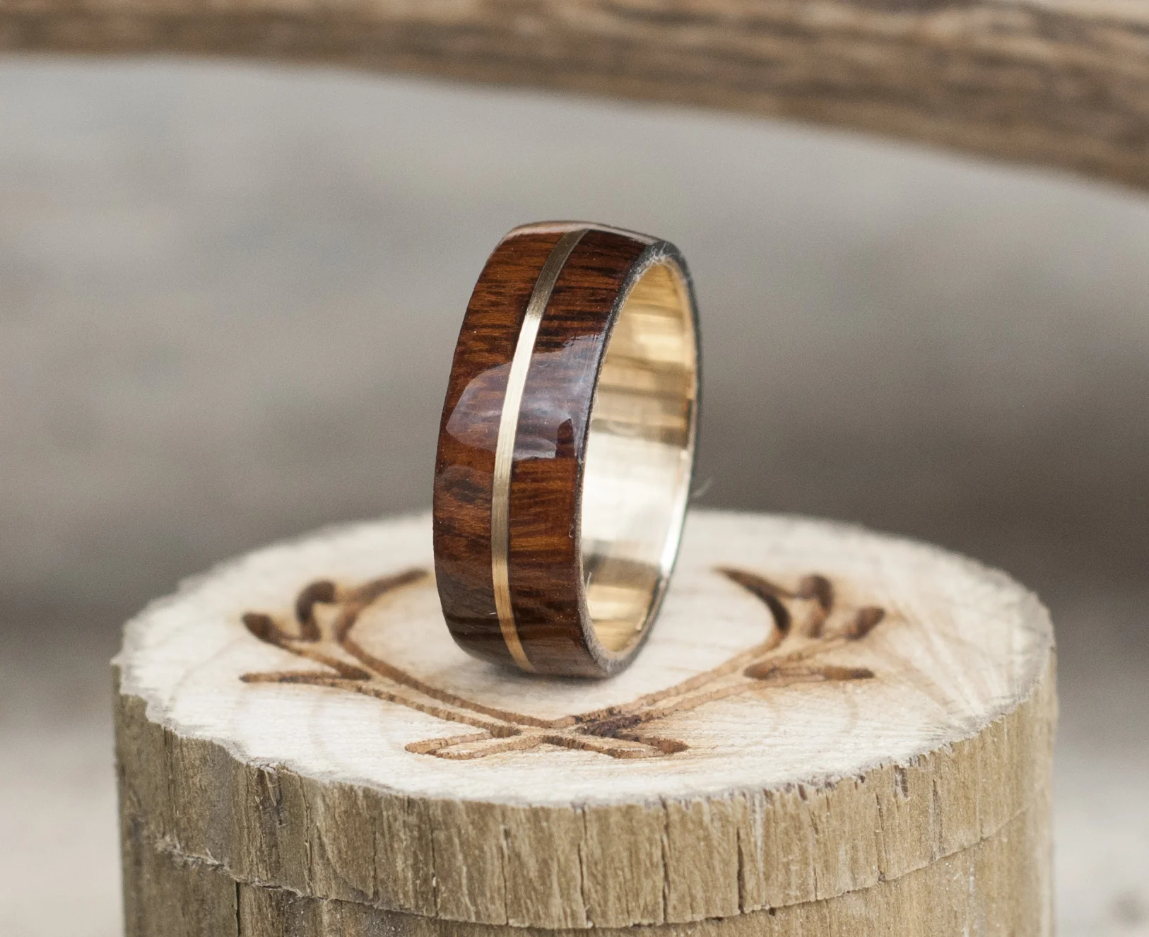 Wood & gold wedding ring. Hand shaped and set. Custom designed and handmade wedding band.