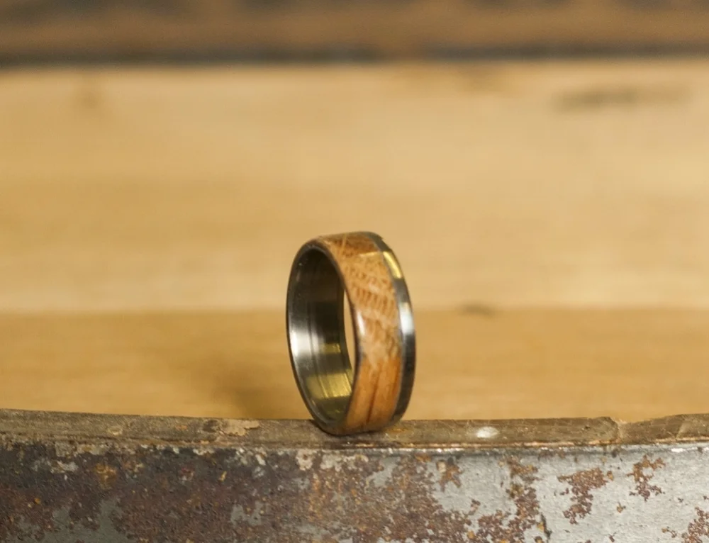 Whiskey barrel oak wedding band.