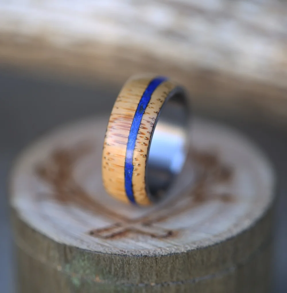 bamboo wedding wedding ring with lapis lazuli inlay.