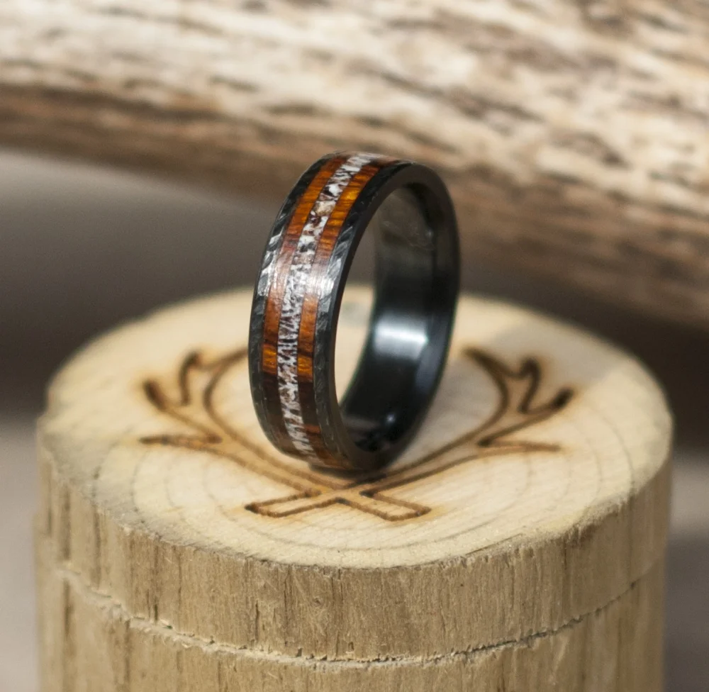 HAMMERED BLACK ZIRCONIUM WITH ANTLER & WOOD INLAYS (available in black