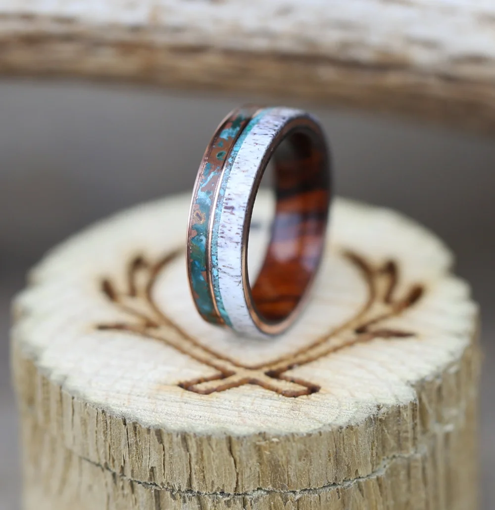 Men's wedding ring with patina copper and turquoise. Handcrafted by Staghead Designs.