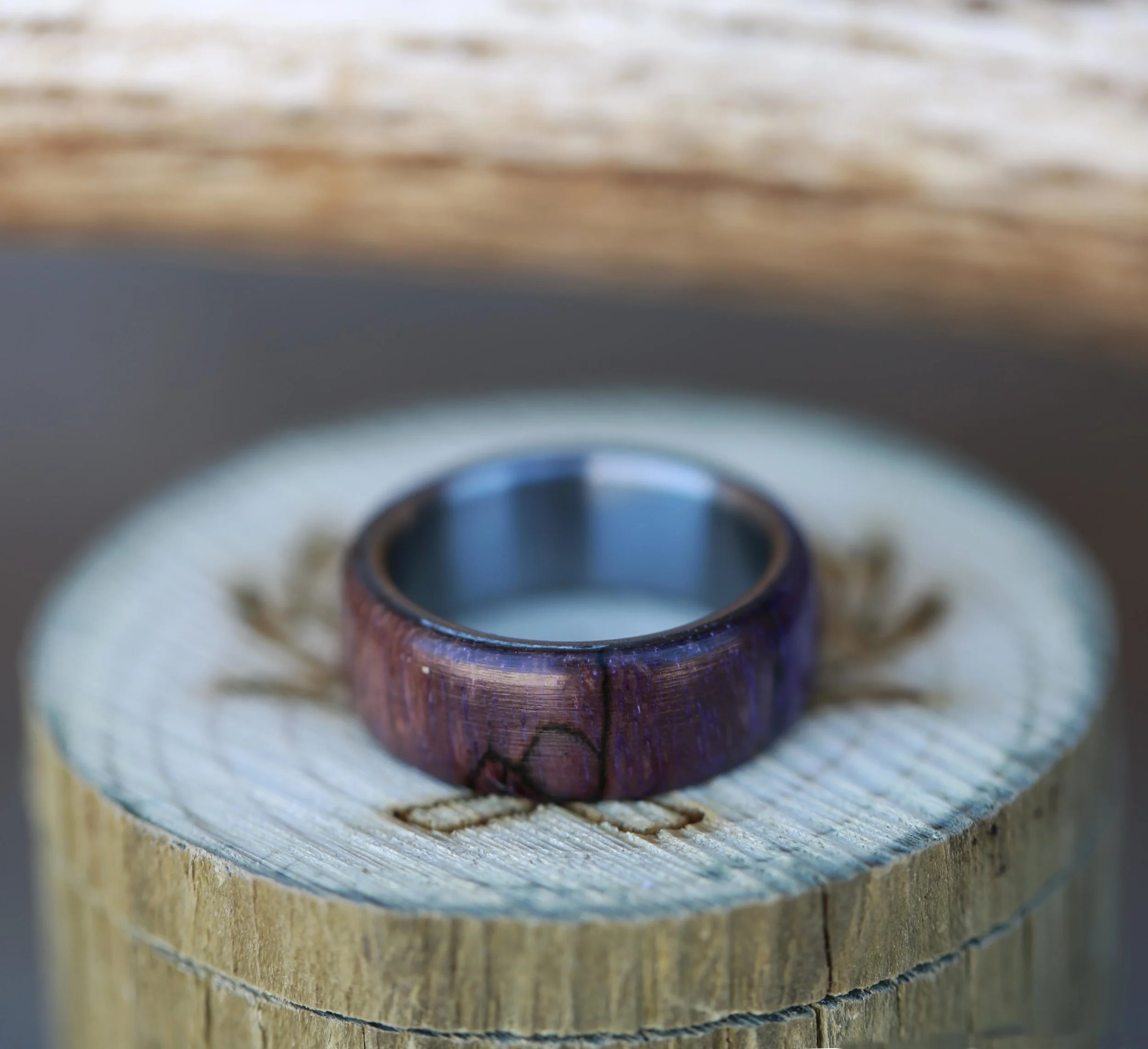 Men's Wedding Band Featuring Purple Spalted Maple. Handcrafted by Staghead Designs.