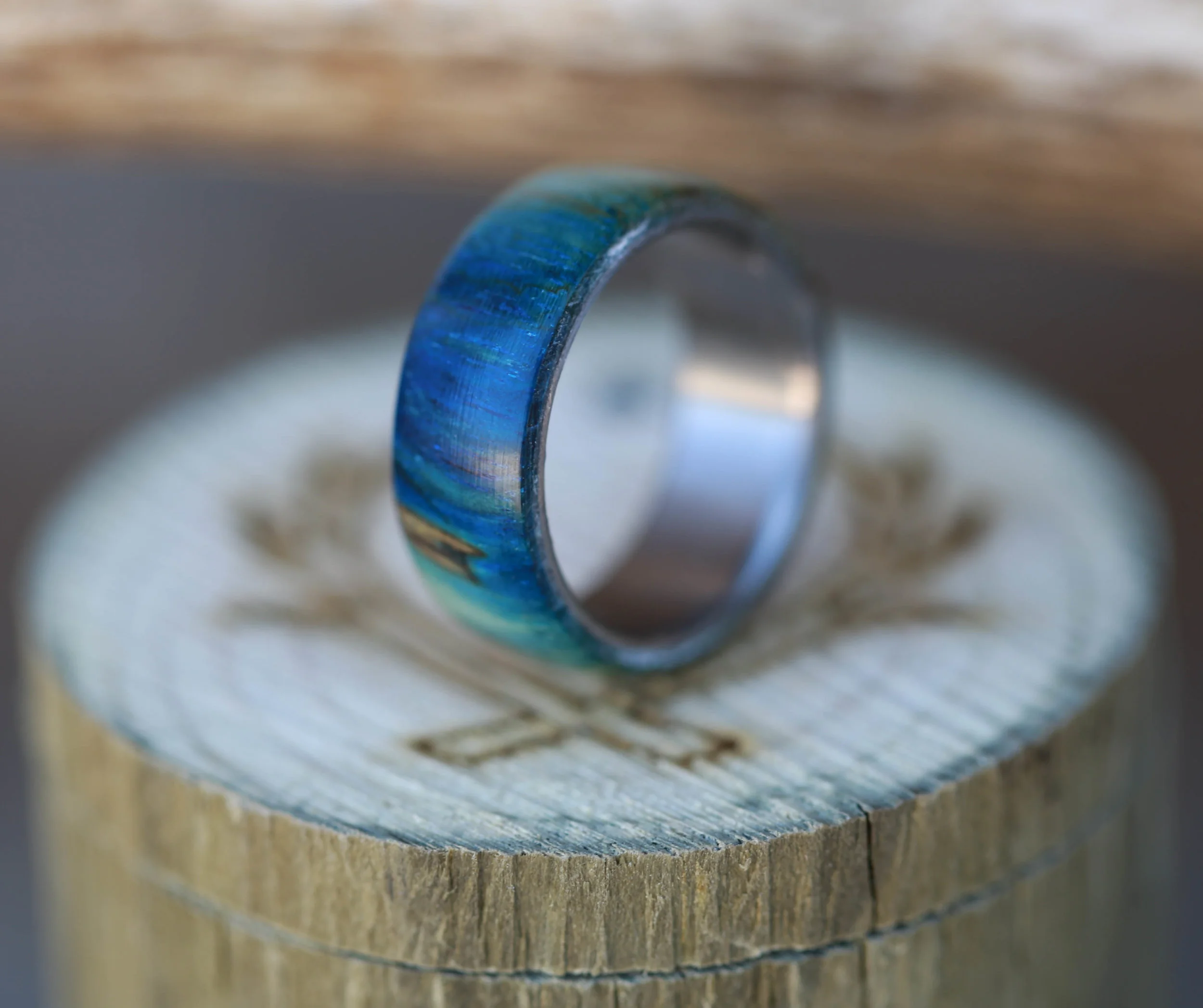 Wedding Band Featuring Unique Blue Spalted Maple. Handcrafted by Staghead Designs.