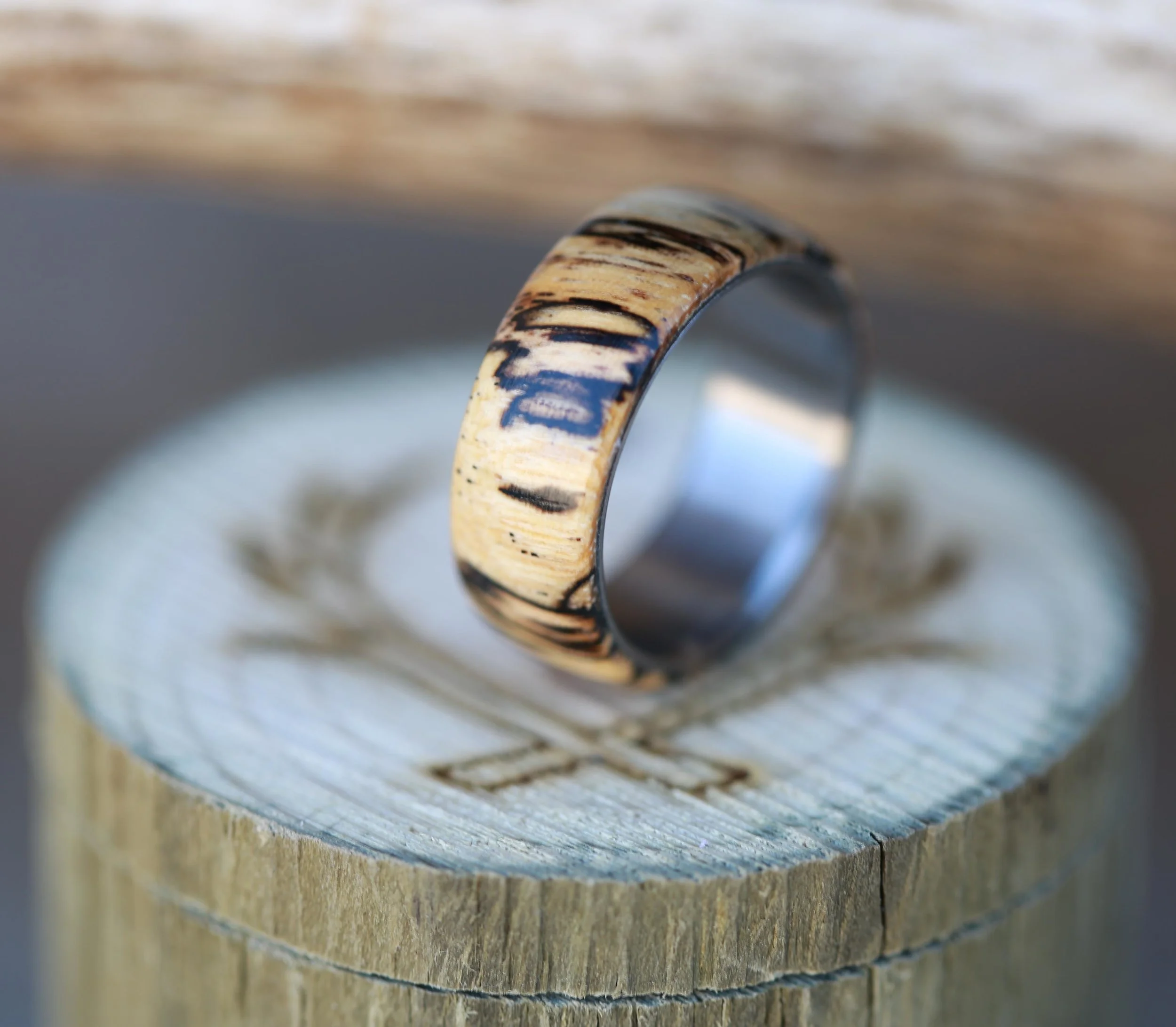 Men's Wedding Band Featuring Spalted Maple. Handcrafted by Staghead Designs.