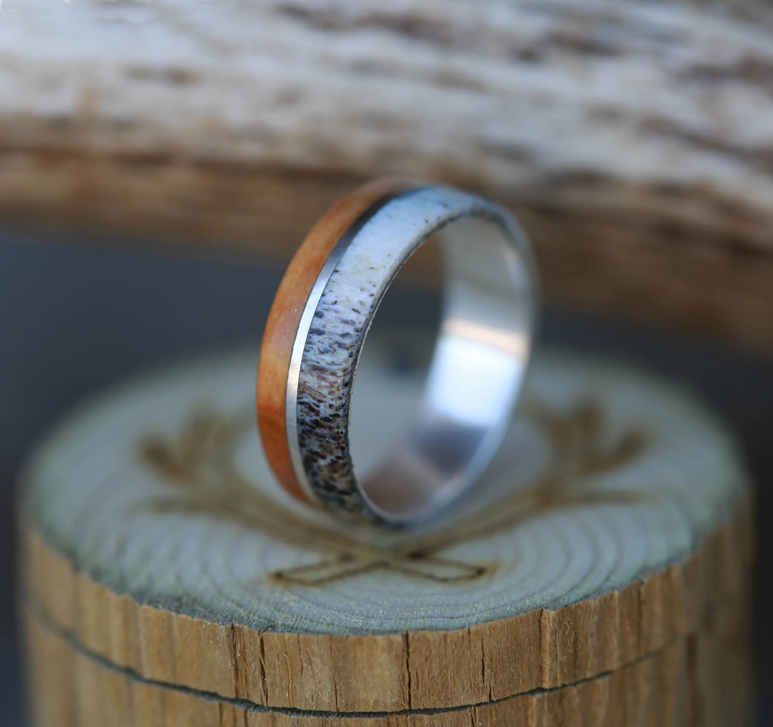 Men's Silver Wedding Ring with Antler, Whiskey Barrel & Silver Inlays. Handcrafted by Staghead Designs.