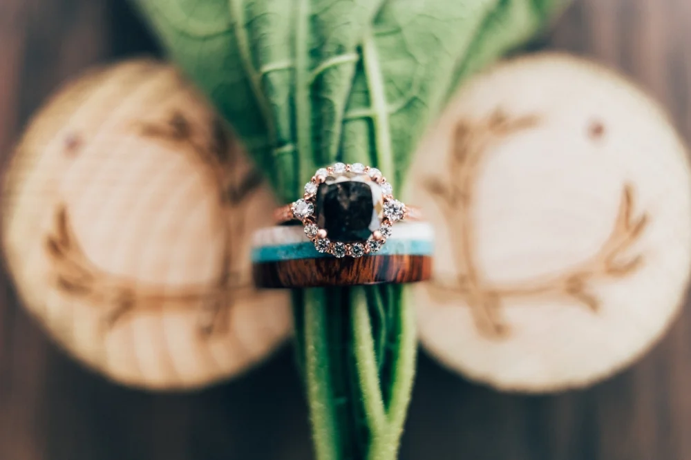 Turquoise & Wood Wedding Band by Staghead Designs. Photo by Jacki M Photography.