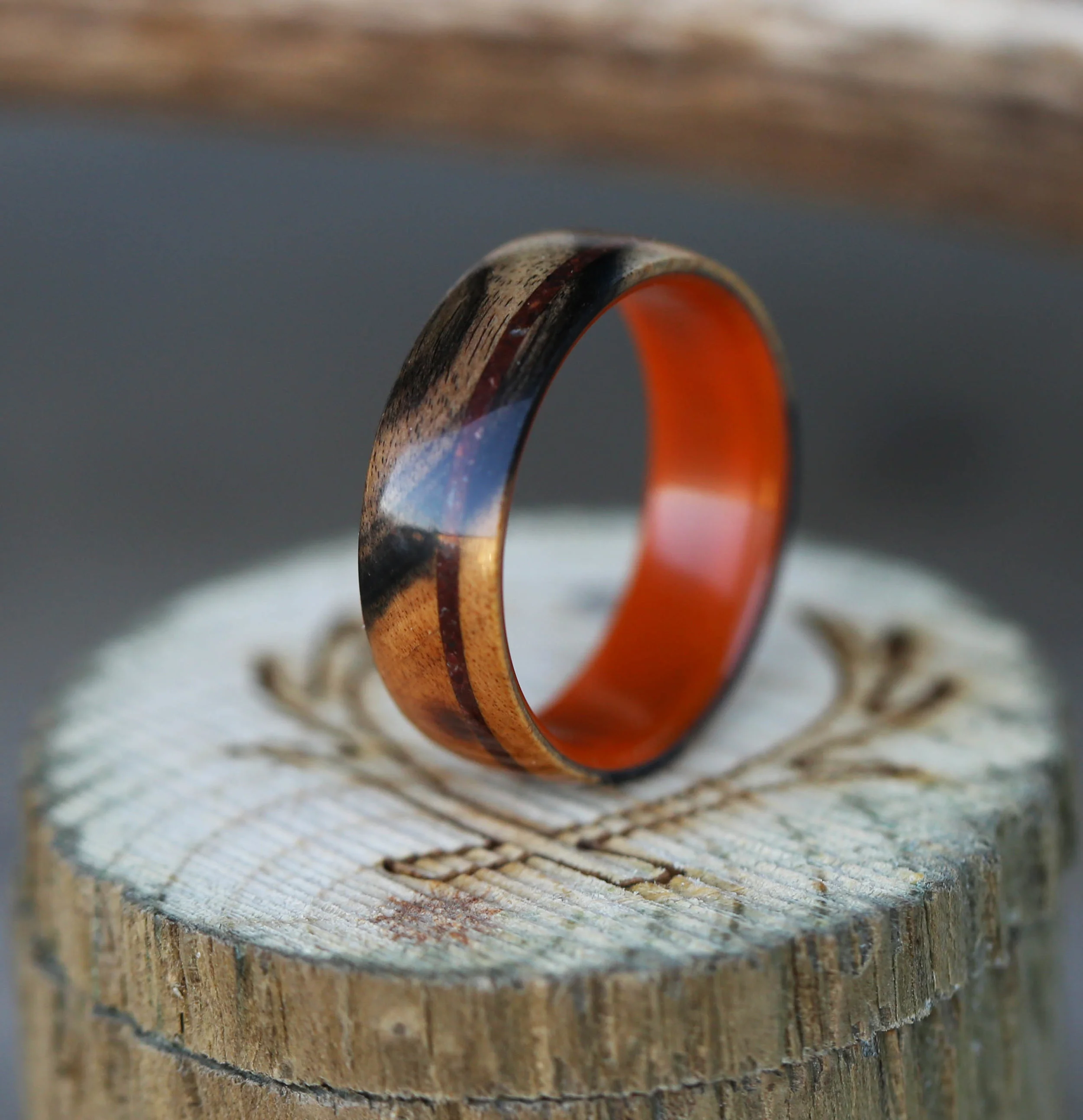 Custom Men's Wedding Band with Orange Acrylic, Spalted Maple & Jasper Stone. Handcrafted by Staghead Designs.