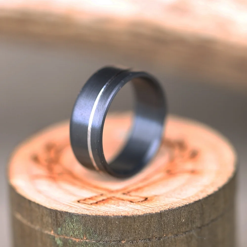 Copy of Fire-treated black zirconium with silver inlay, handcrafted by Staghead Designs.