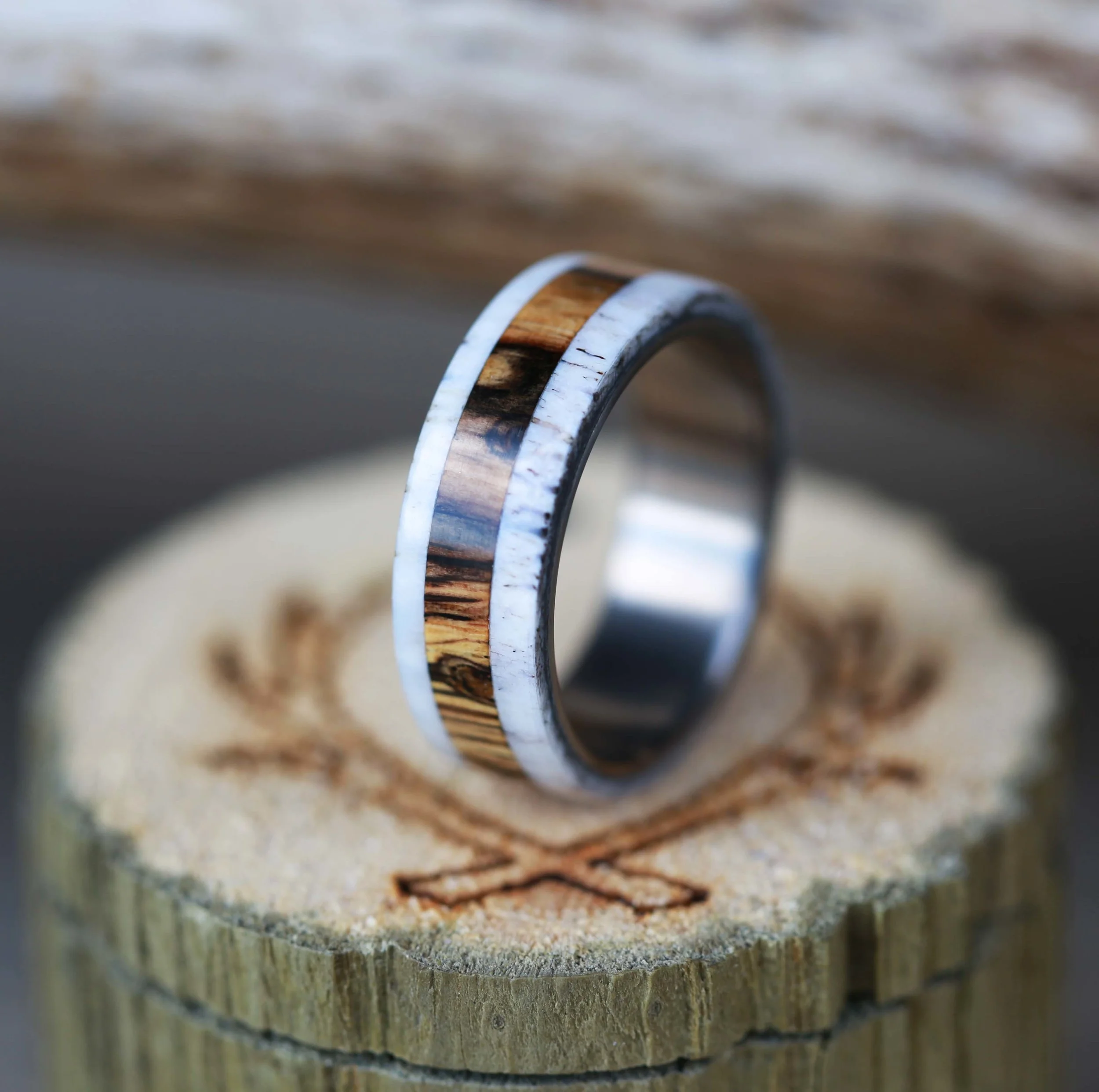 Spalted Maple and Antler Wedding Band by Staghead Designs.