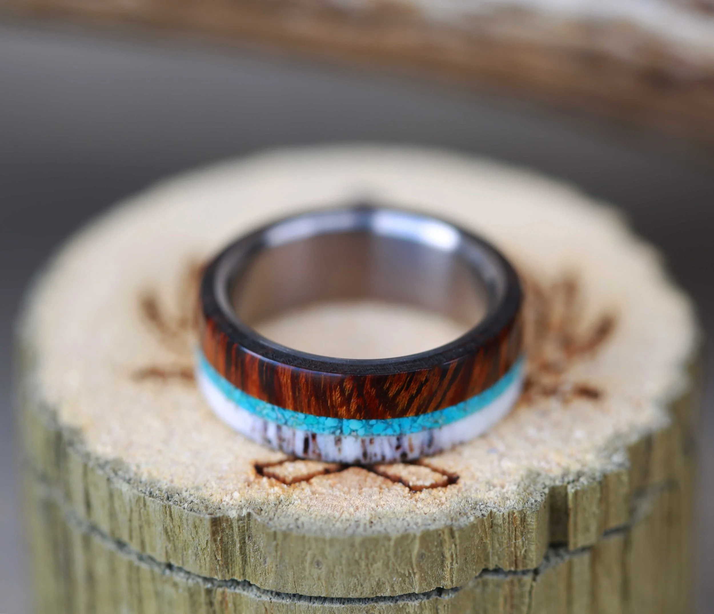 Turquoise, Wood and Antler Wedding Ring by Staghead Designs.