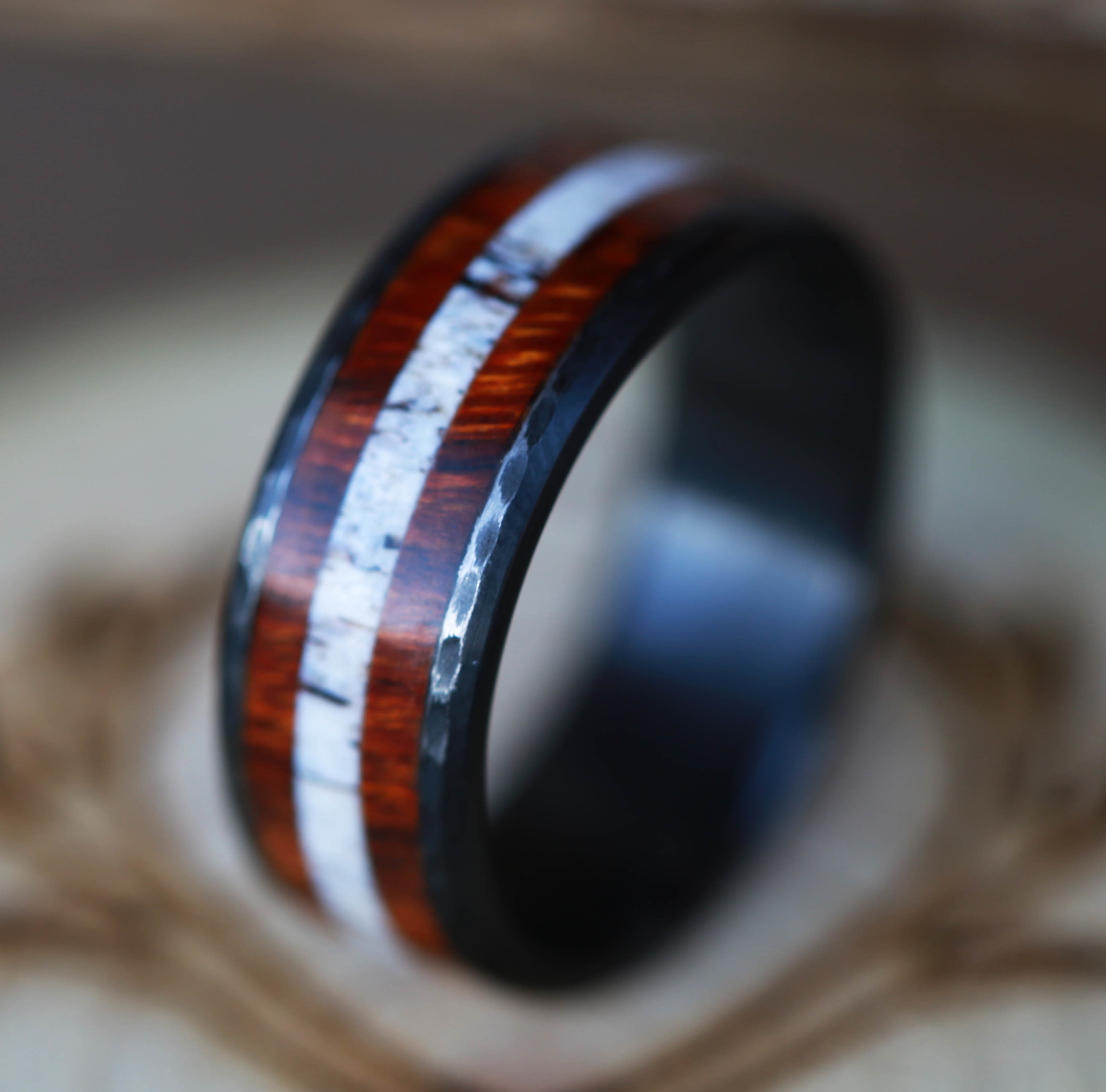 HAMMERED BLACK ZIRCONIUM WITH ANTLER & WOOD INLAYS (available in black