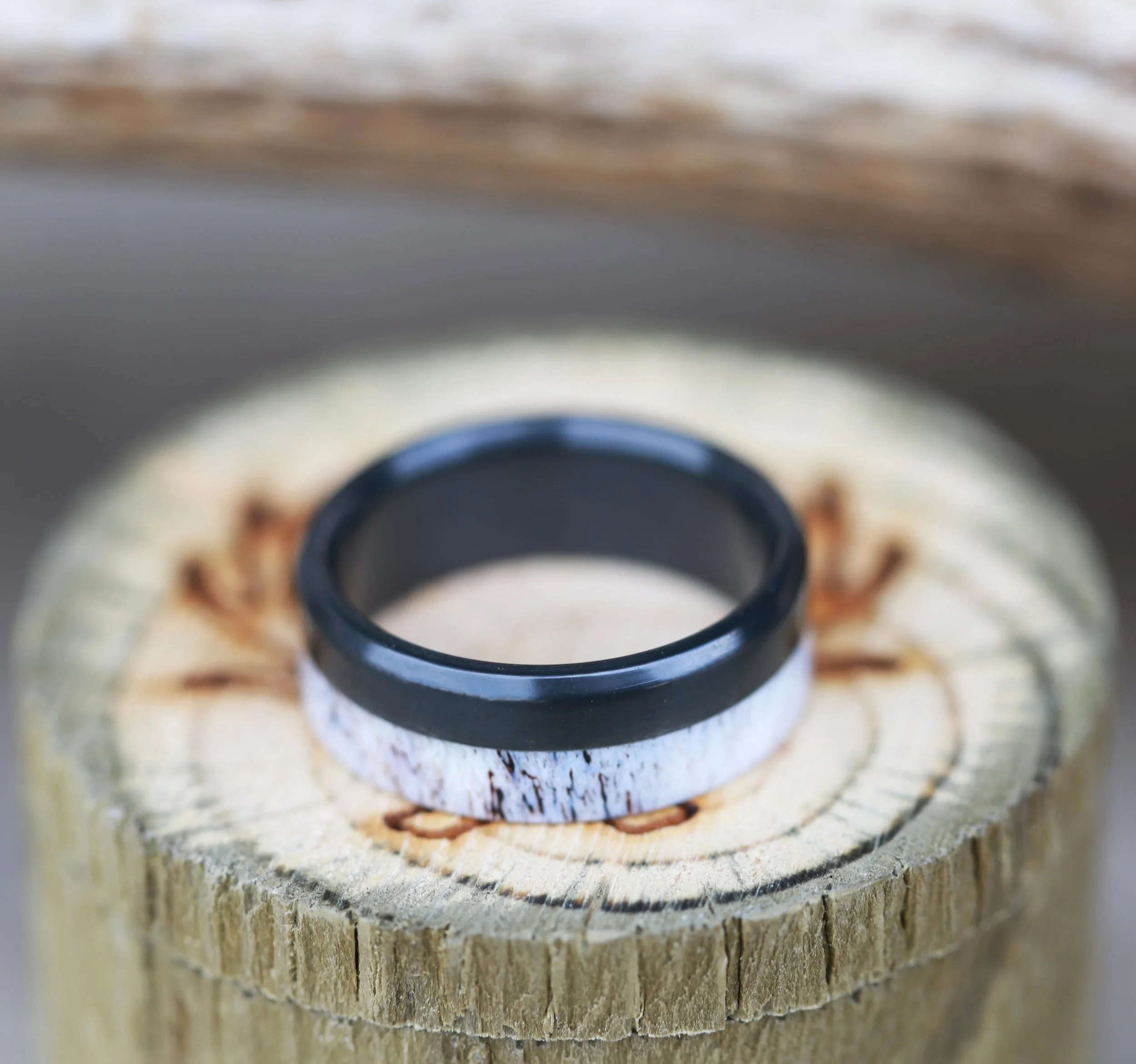 Antler Wedding Band with Black Zirconium. Handcrafted by Staghead Designs.