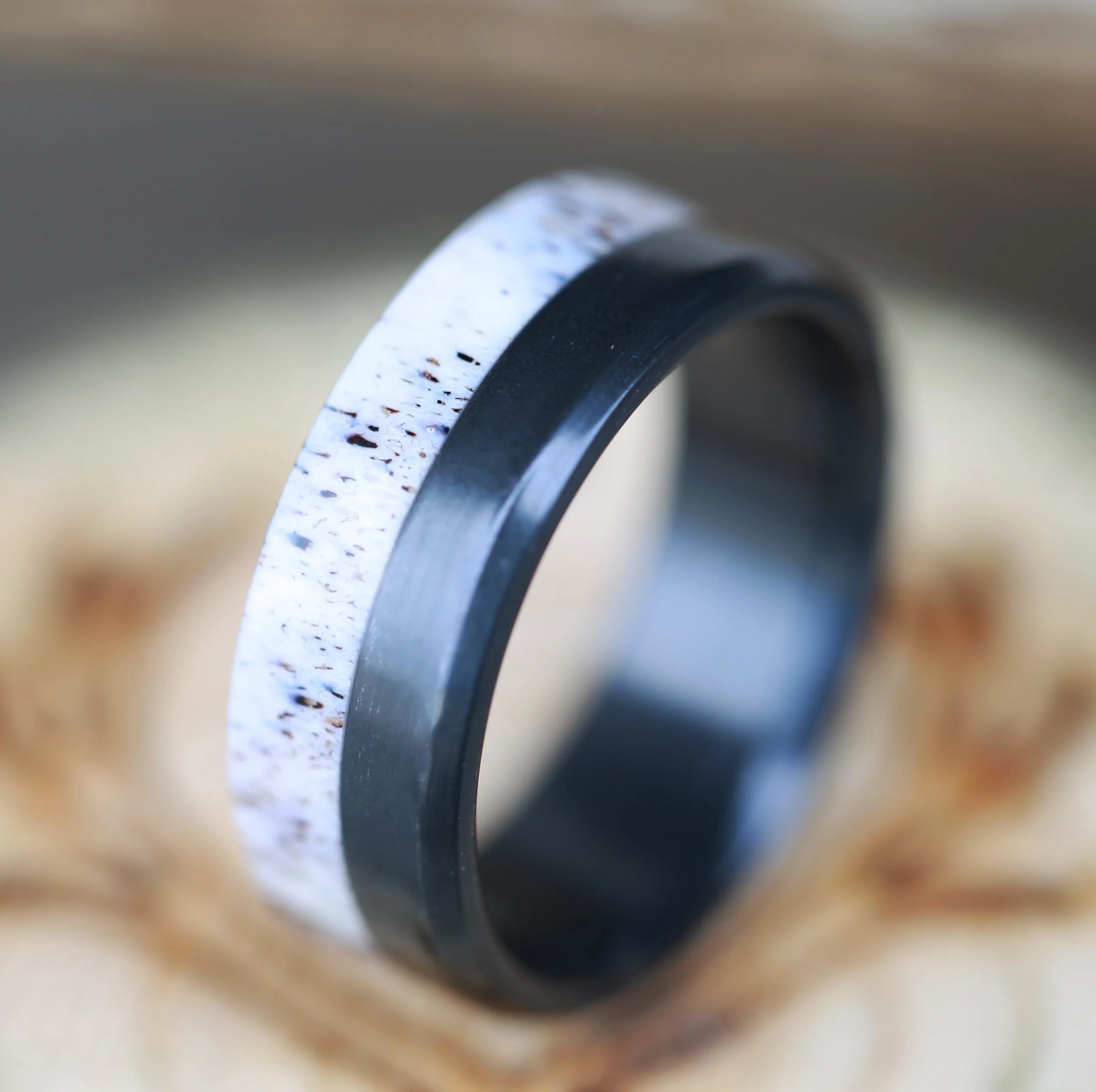 Unique Men's Wedding Band with Antler. Handcrafted by Staghead Designs.