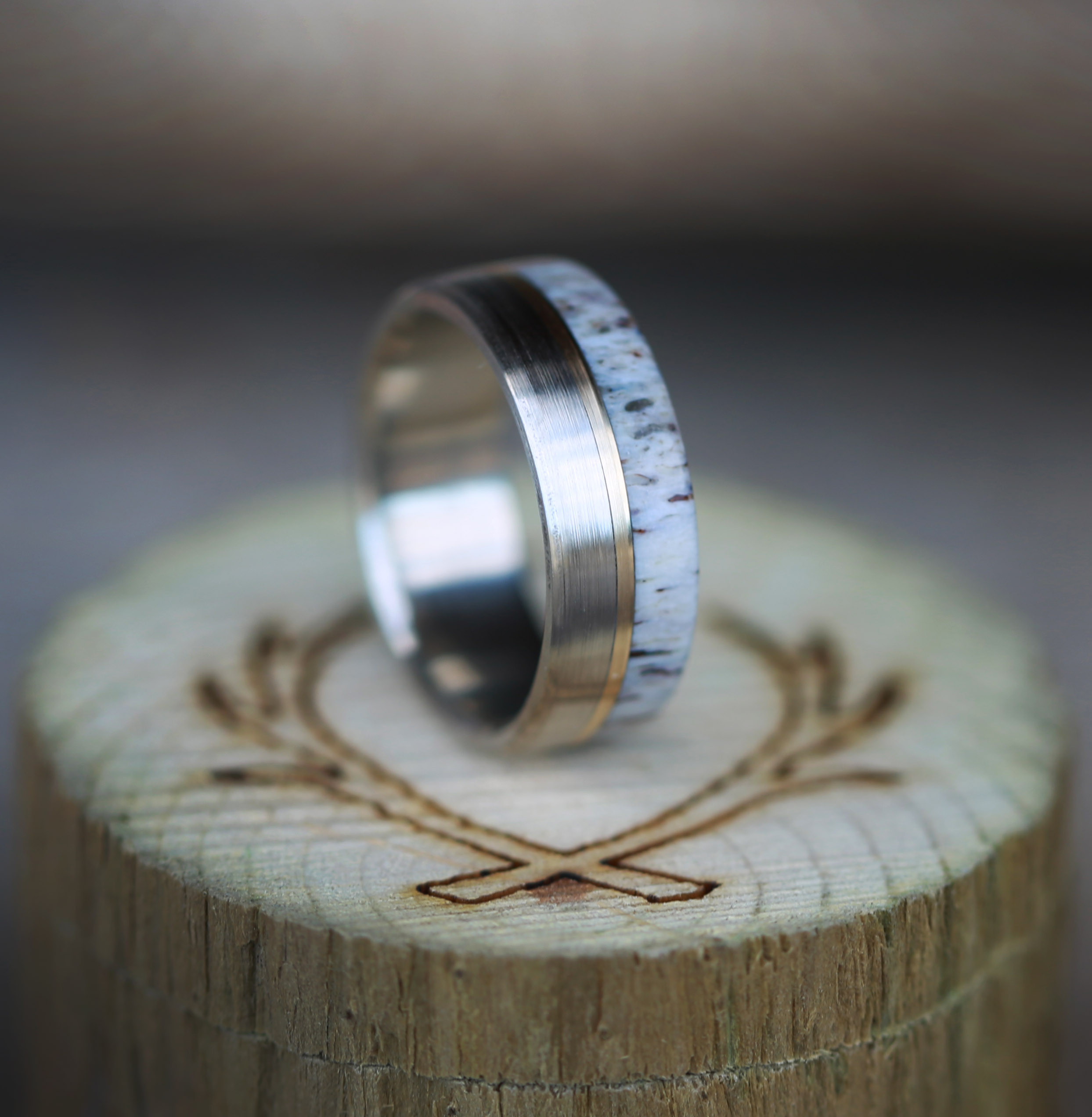 Antler, Yellow Gold and Brushed Titanium Wedding Band by Staghead Designs.