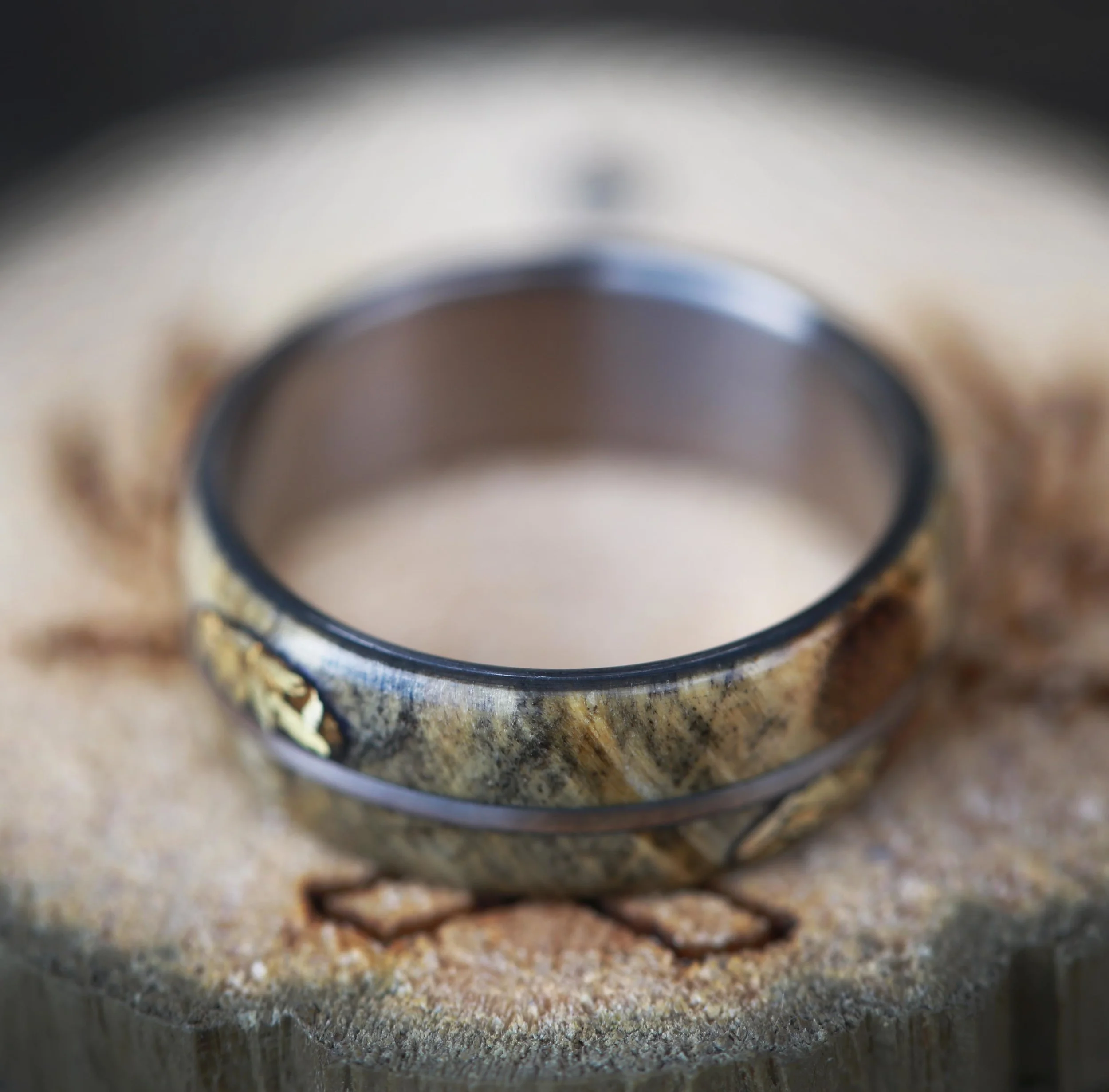 Men's Custom Wedding Band with Buckeye Burl & Gold Nuggets. Handcrafted by Staghead Designs.