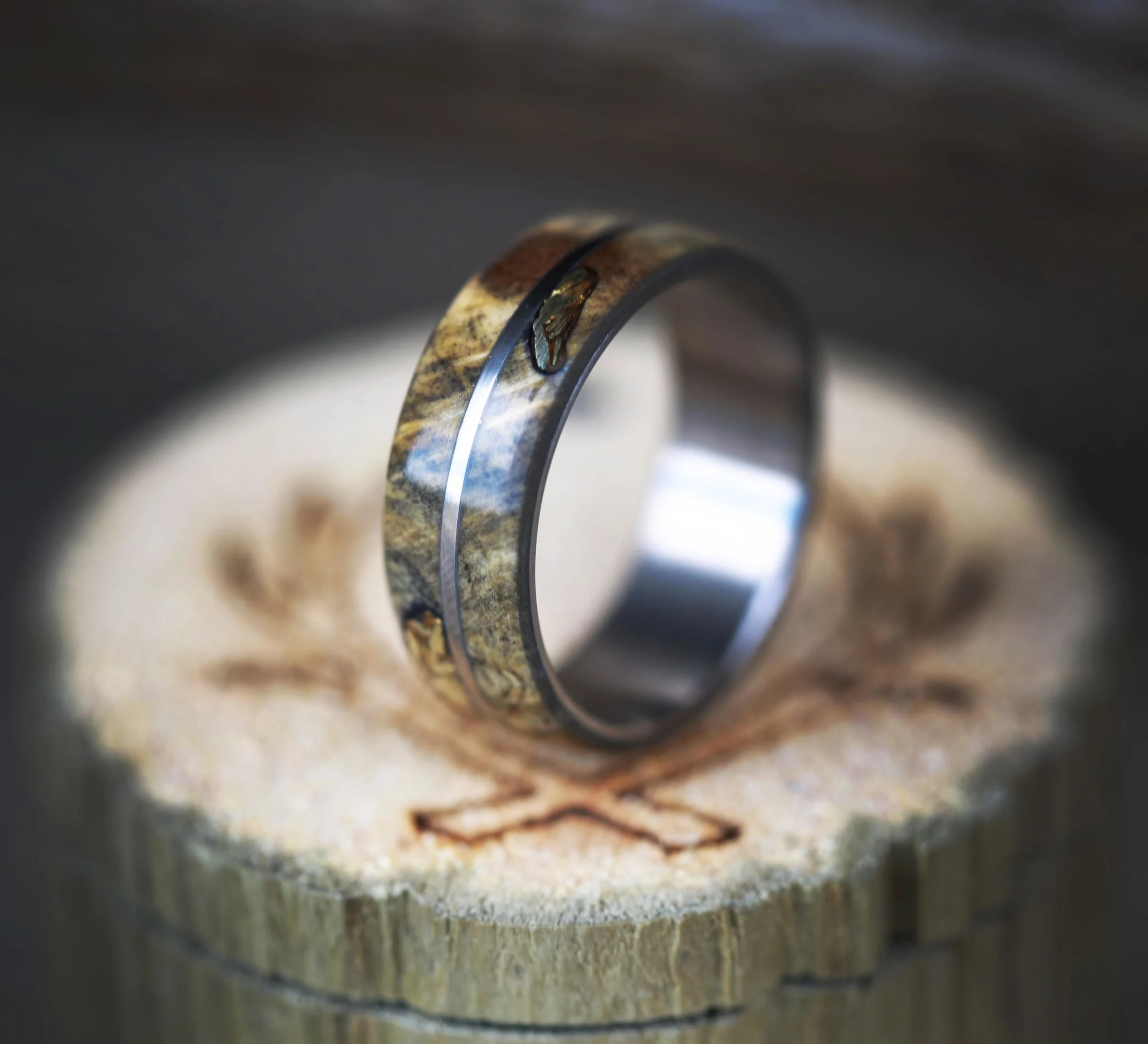 Gold Nugget and Buckeye Burl Wood Wedding Band. Handcrafted by Staghead Designs.