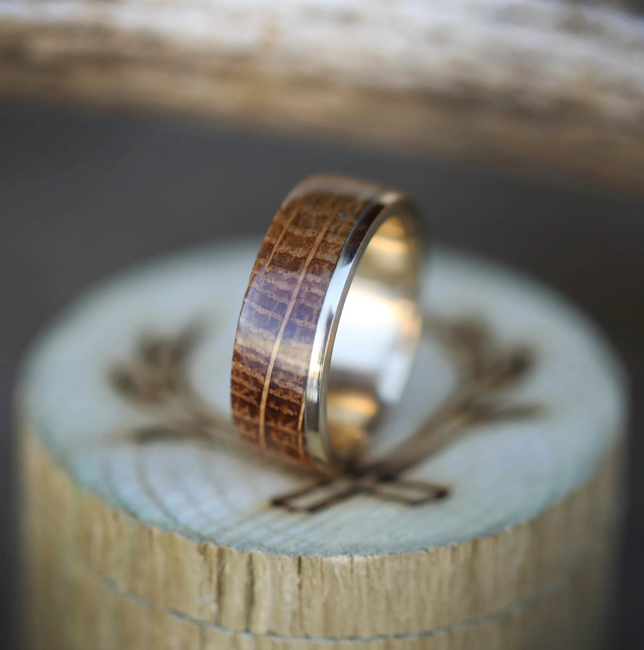 Whiskey Barrel Oak Ring with Yellow Gold by Staghead Designs.