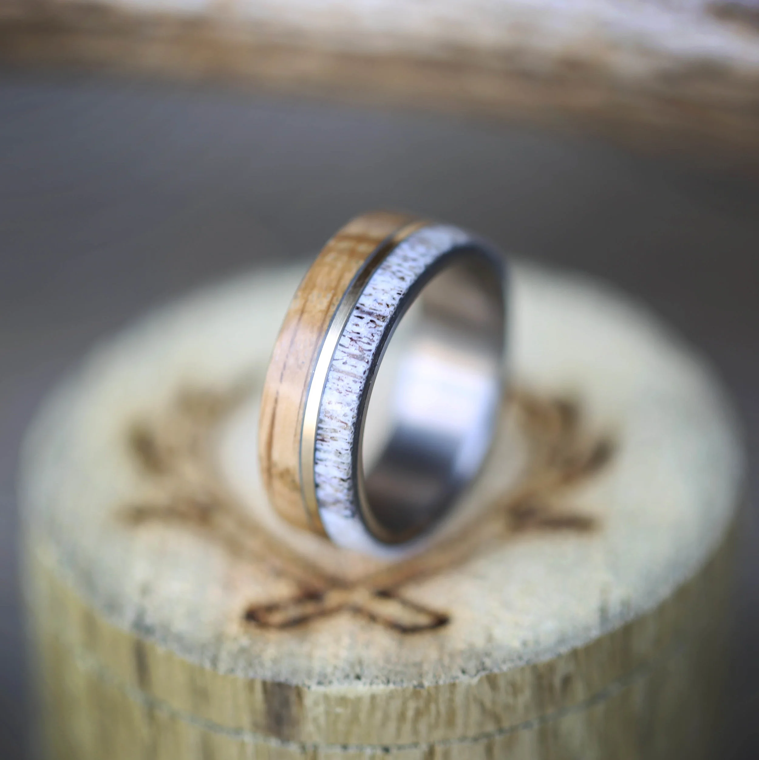 Unique Men's Wedding Band Featuring Whiskey Barrel Oak by Staghead Designs.
