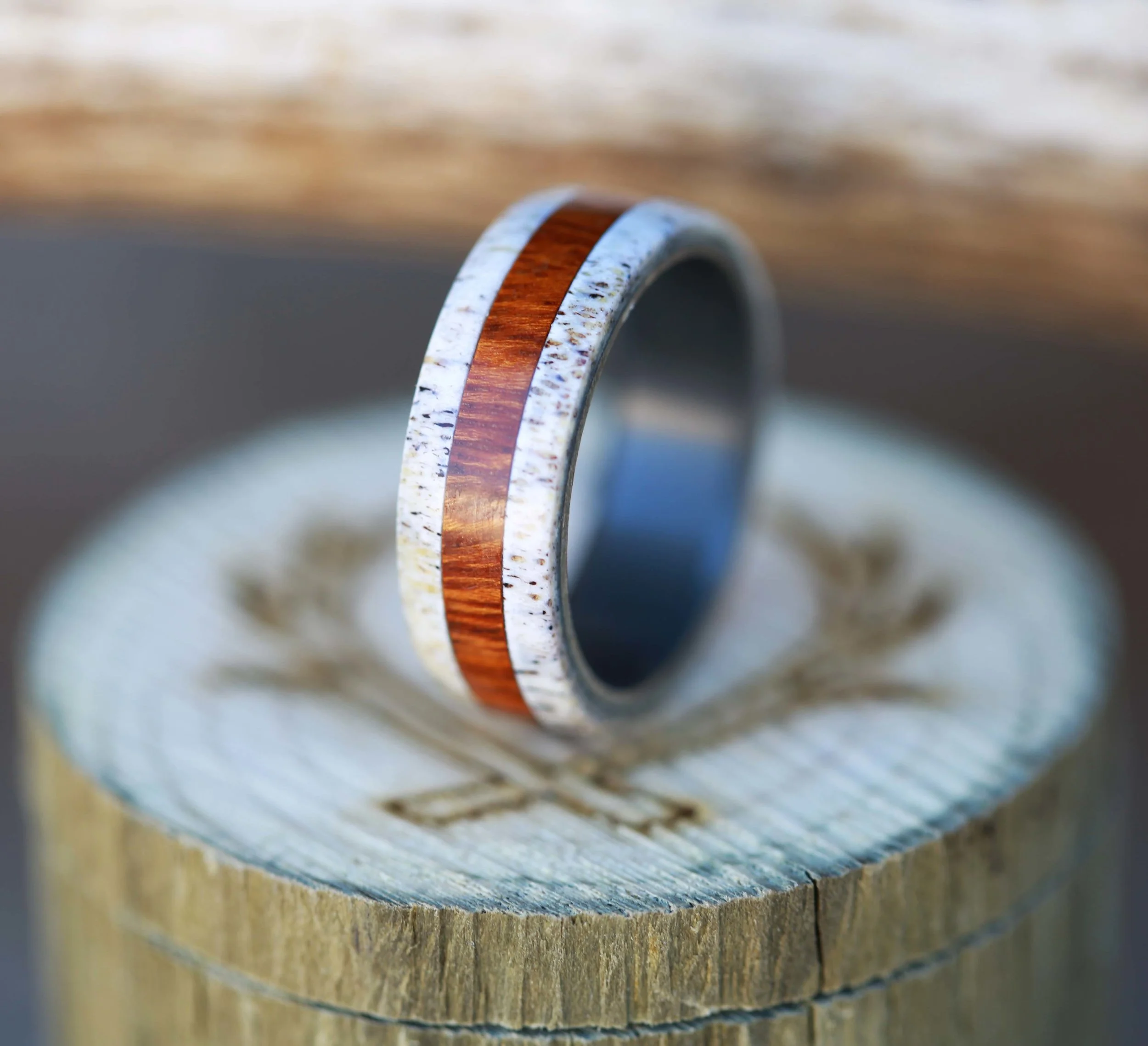 Black Zirconium, Antler and Wood Ring by Staghead Designs.