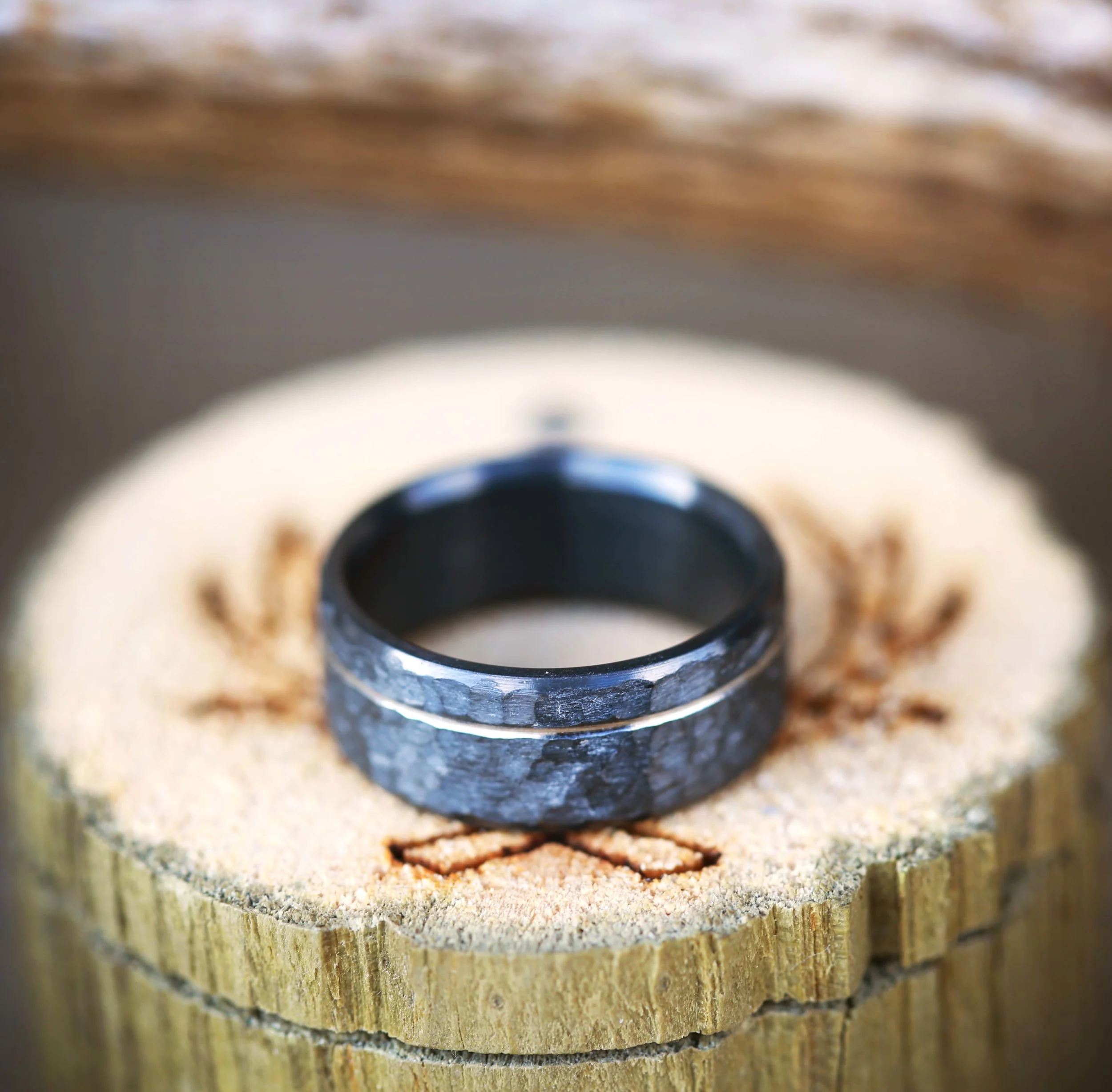 Hammered Black Zirconium with Cut Etching. Handcrafted by Staghead Designs.