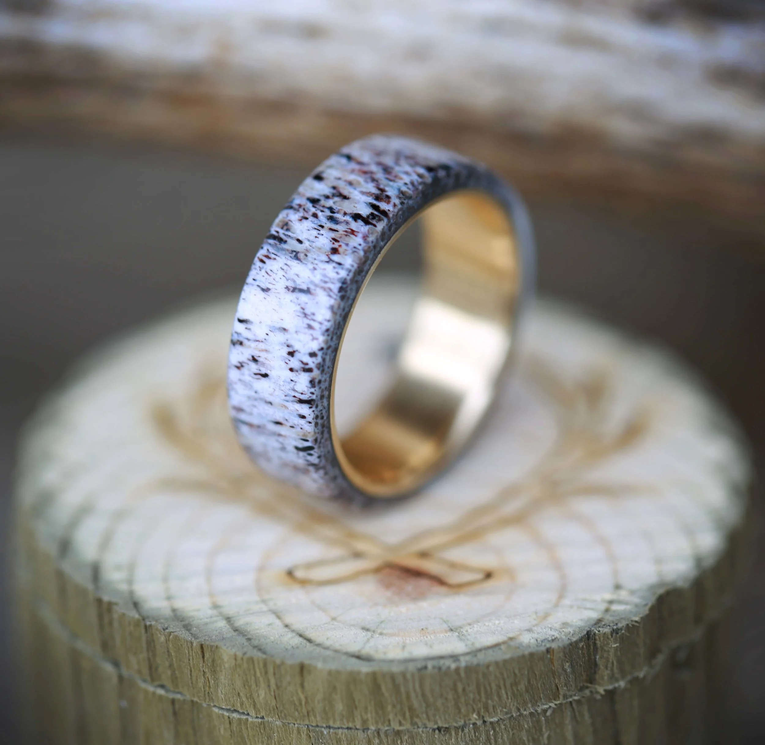 Men's Wedding Band with Antler and Yellow Gold. Handcrafted by Staghead Designs.