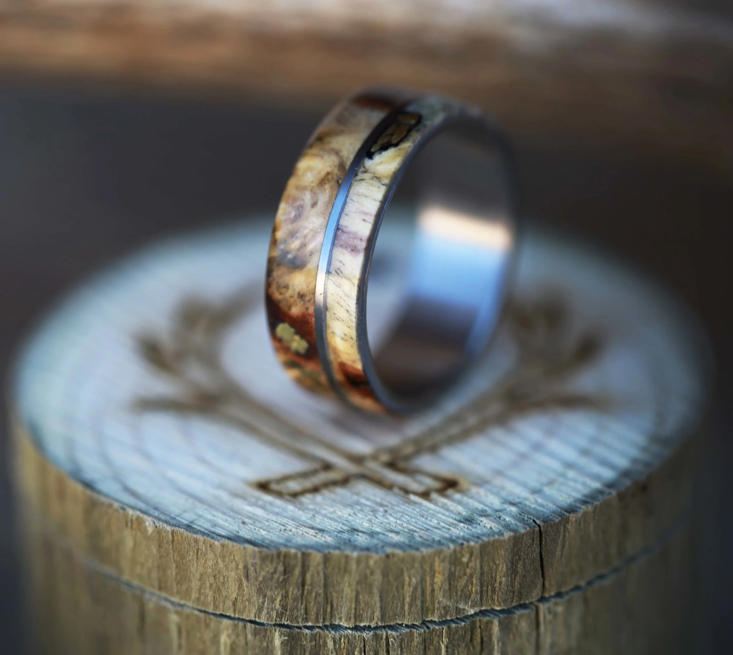 Staghead Designs Wedding Band with Buckeye Burl and Gold Nuggets.