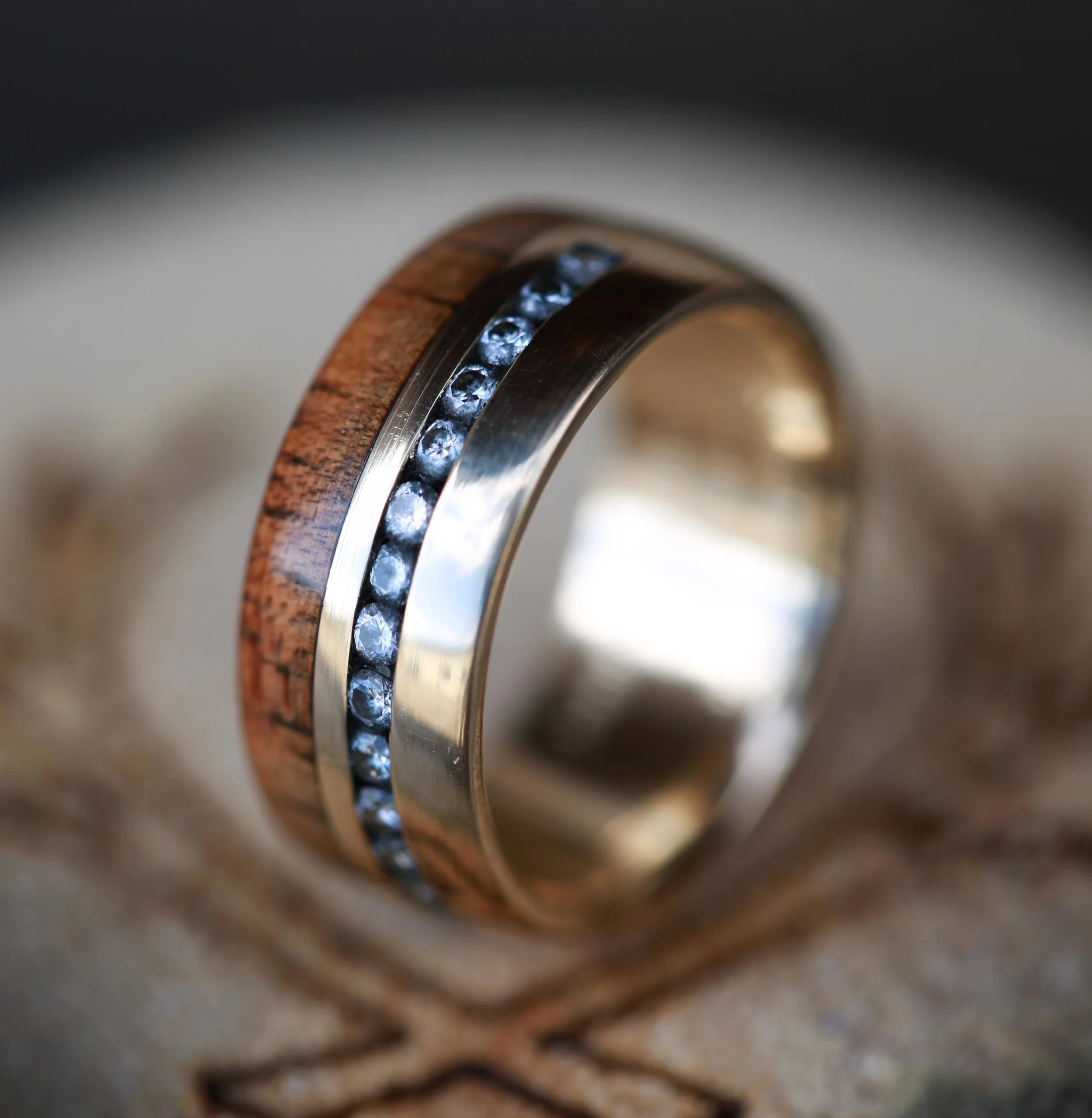 Made to Order Men's Wedding Band with Diamonds and Koa Wood. Handcrafted by Staghead Designs.