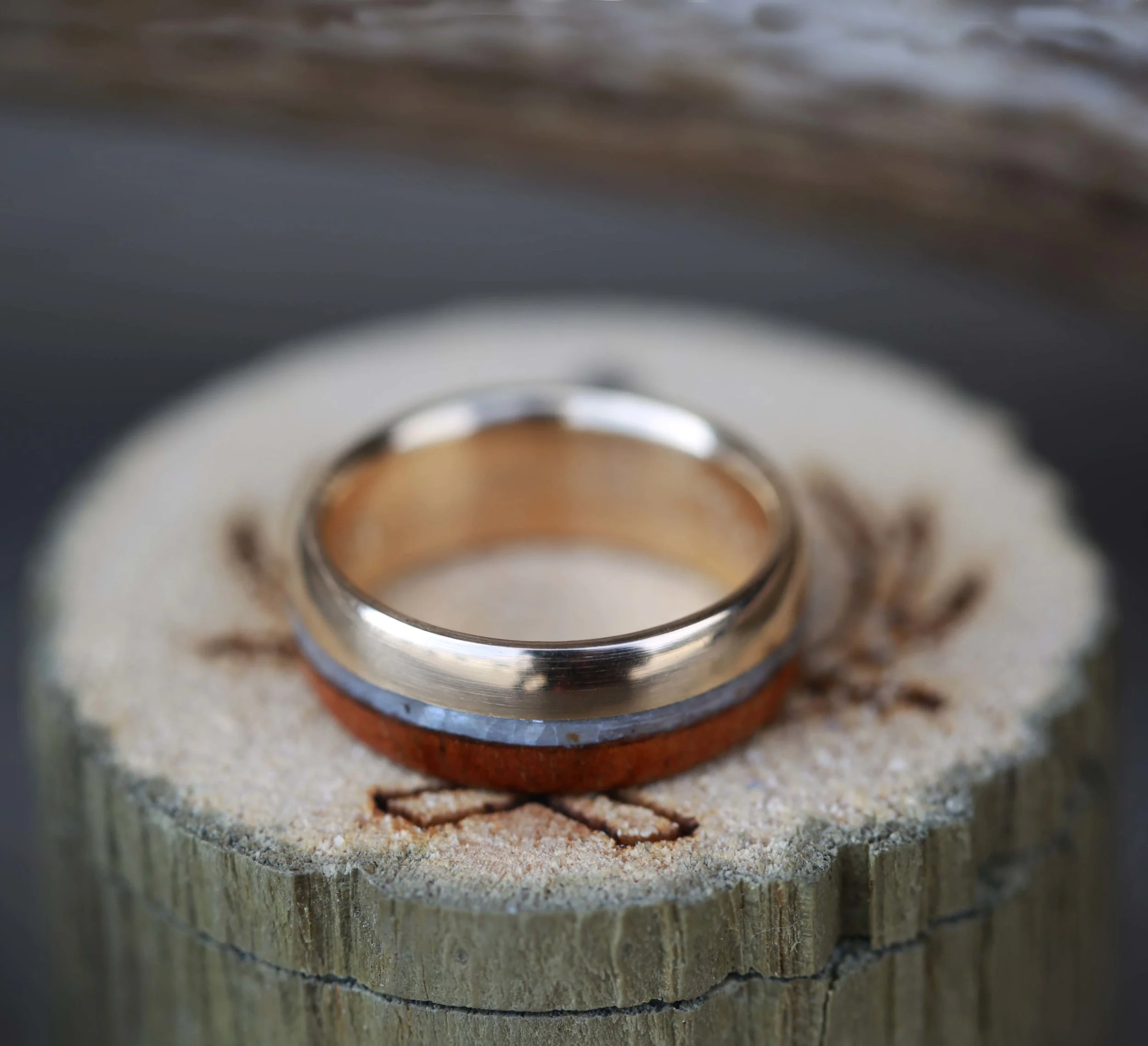 Mother of Pearl Wedding Band with Koa Wood. Handcrafted by Staghead Designs.