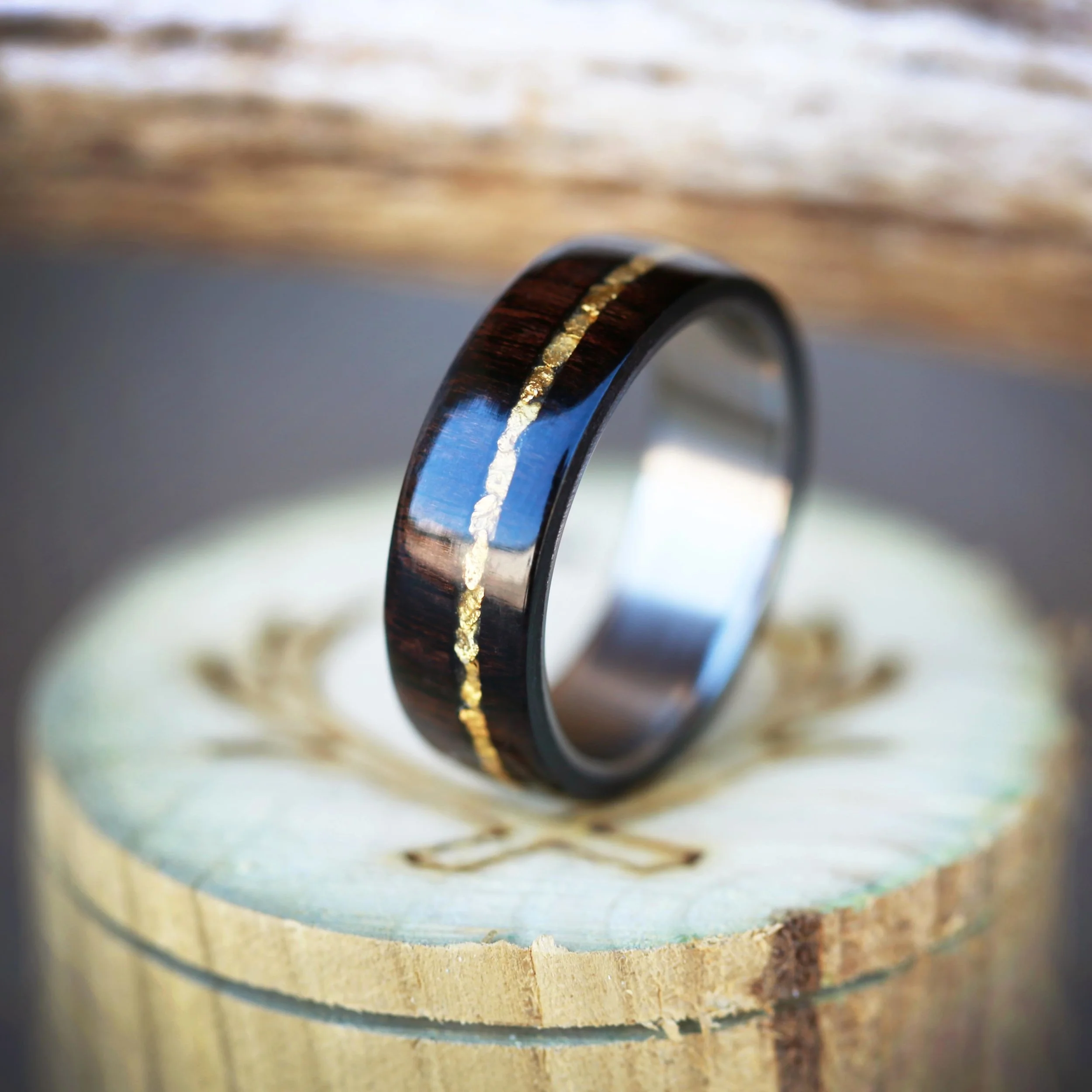 Made to Order Wedding Band with Black Wood and Gold Nuggets. Handcrafted by Staghead Designs.