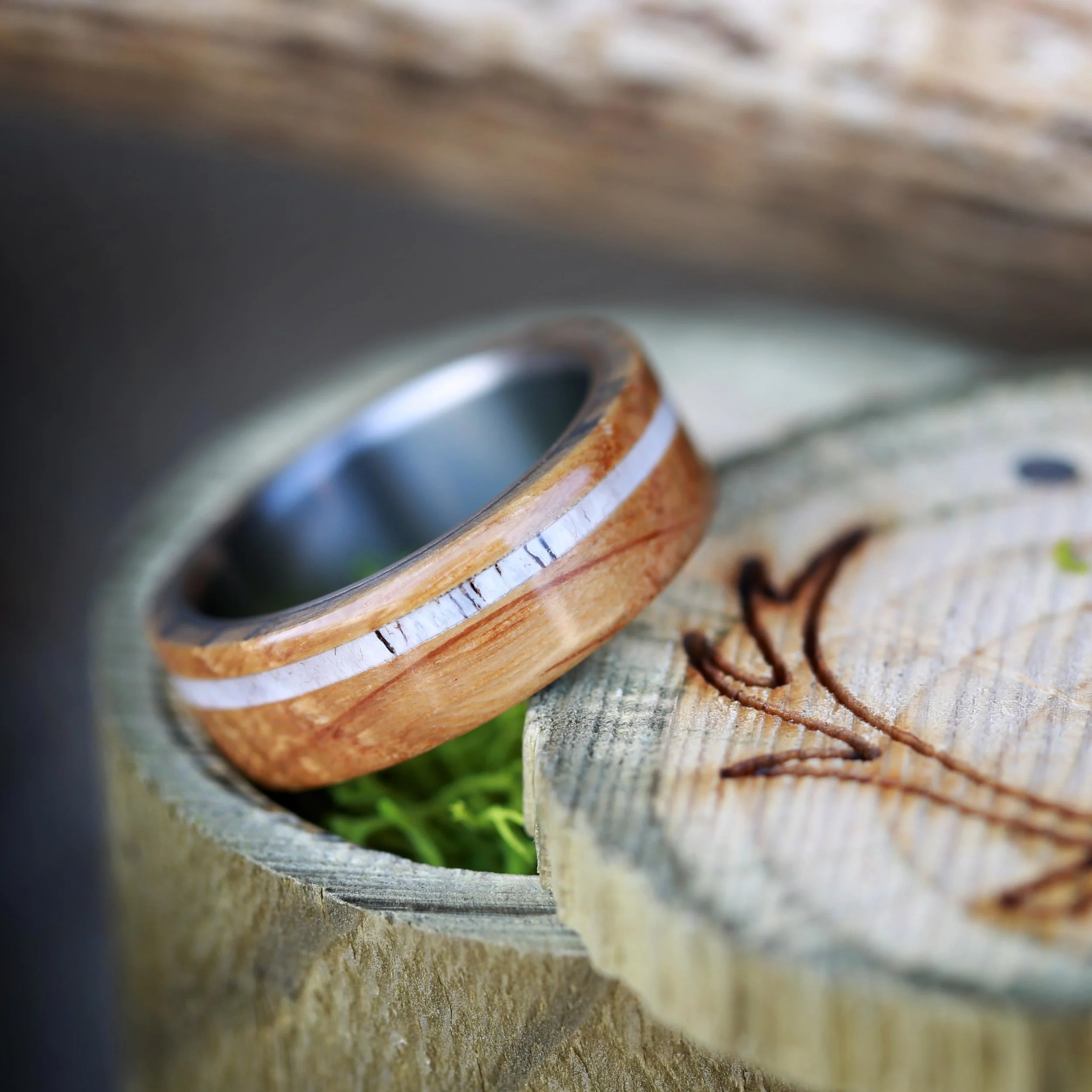 Whiskey Barrel & Antler Wedding Ring for Men by Staghead Designs.