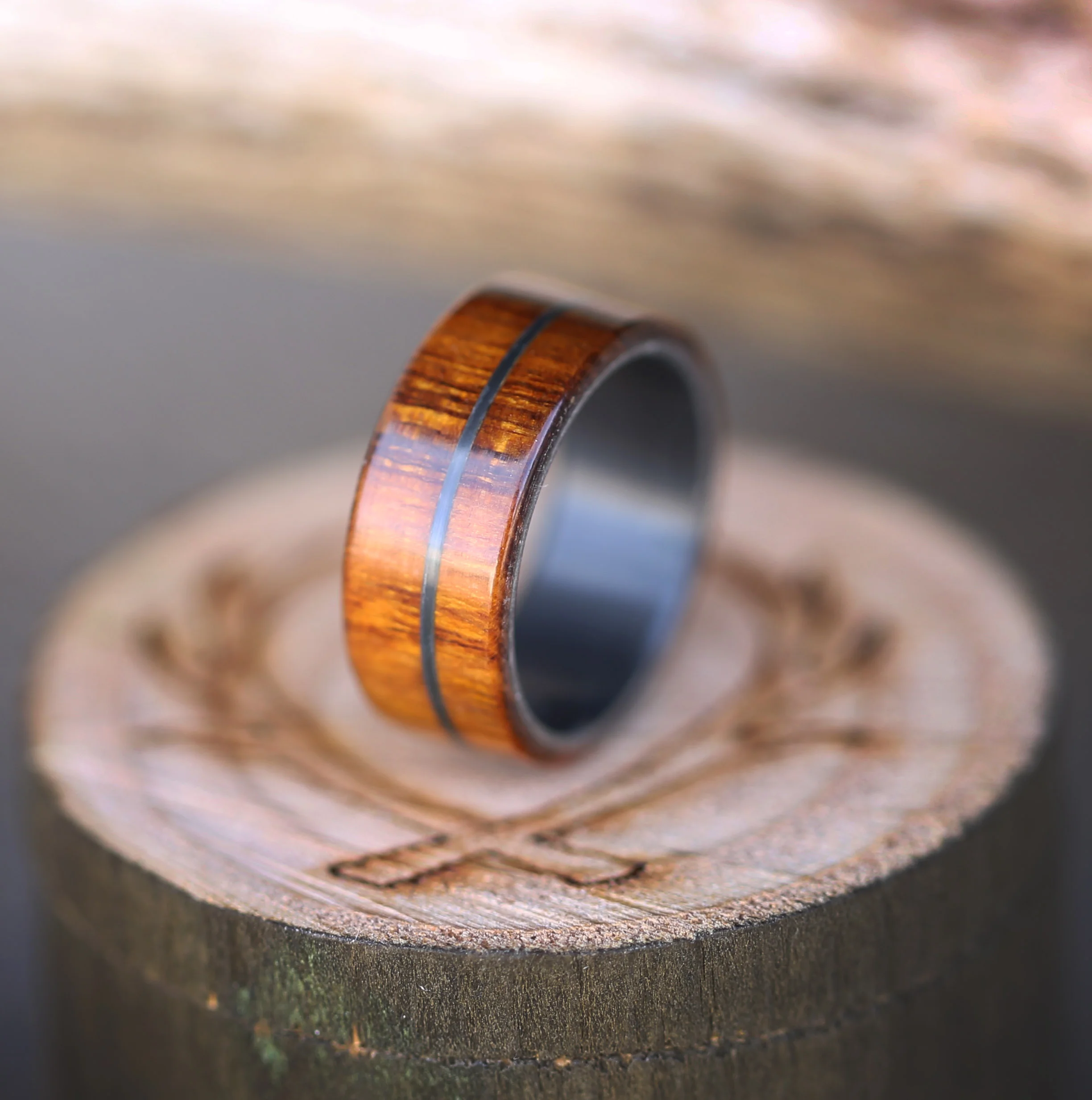 Black Zirconium and Wood Wedding Ring for Men by Staghead Designs.