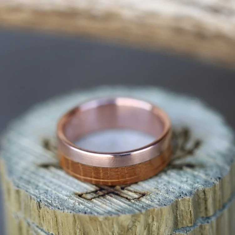 Whiskey Barrel Oak Ring with 10K Rose Gold Base. Handcrafted by Staghead Designs.