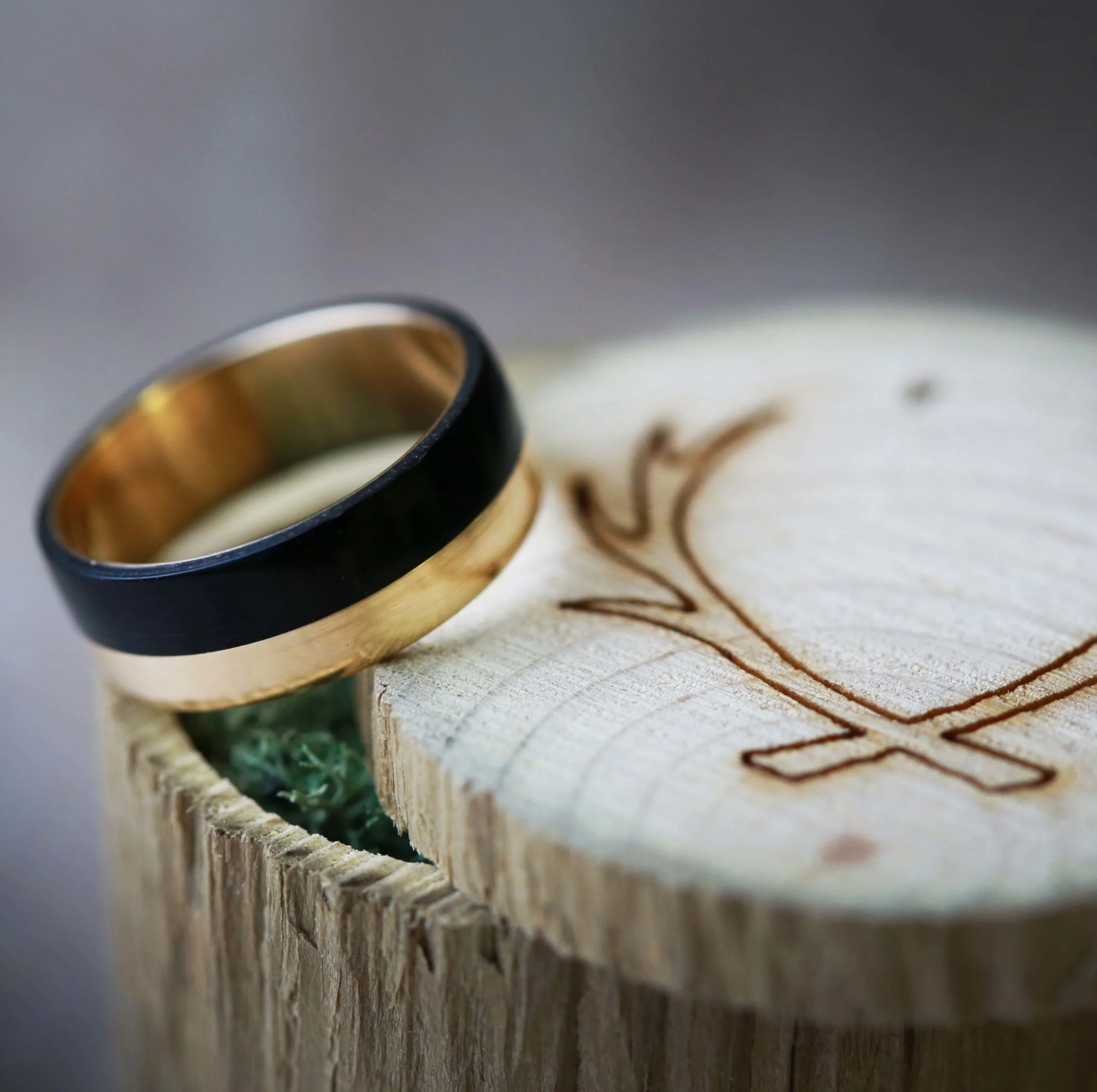 Men's Wedding Band with Wood and Gold. Handcrafted by Staghead Designs.