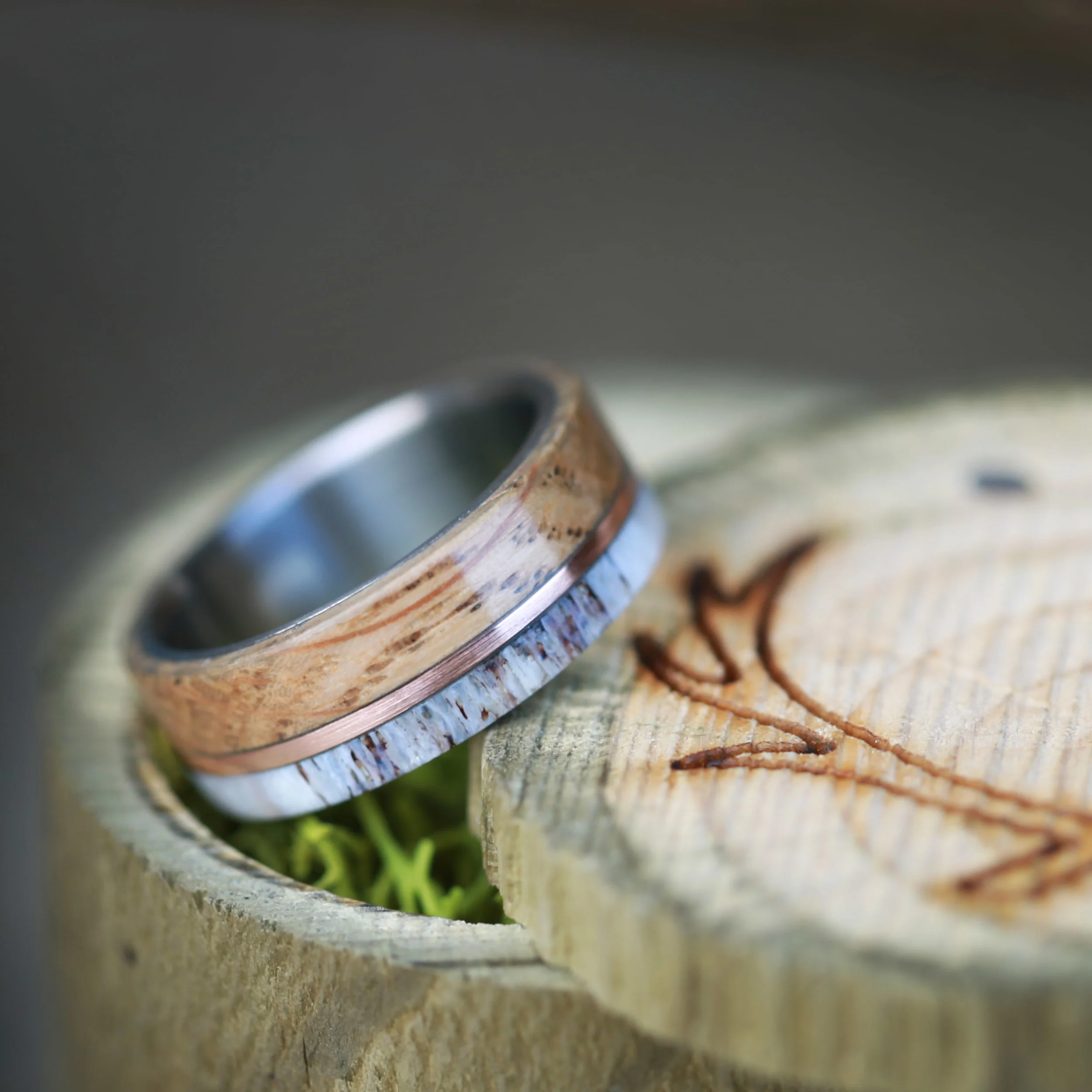 Whiskey Barrel Oak & Antler Wedding Ring. Handcrafted by Staghead Designs.