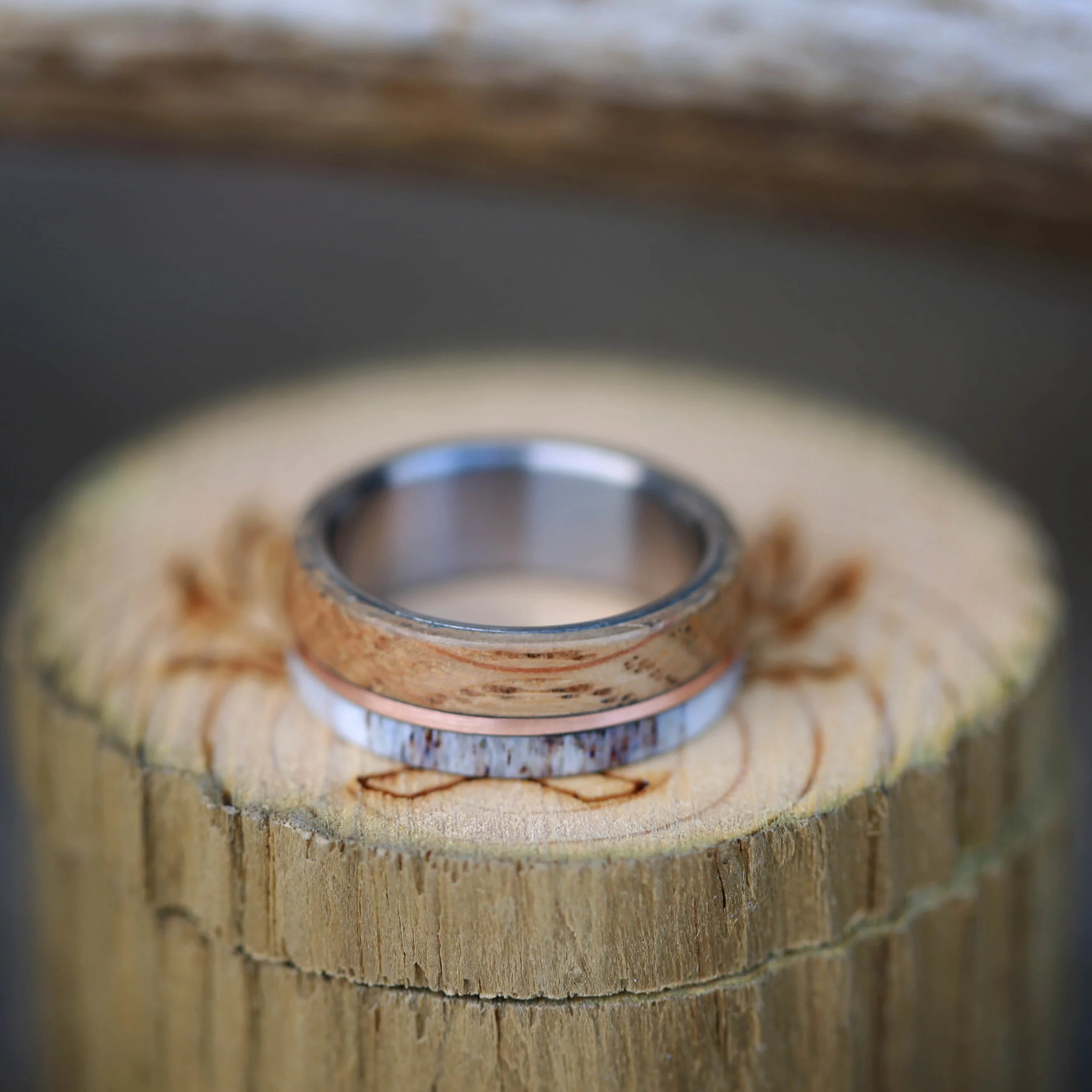 Wood, Gold, and Antler Wedding Ring. Handcrafted by Staghead Designs.