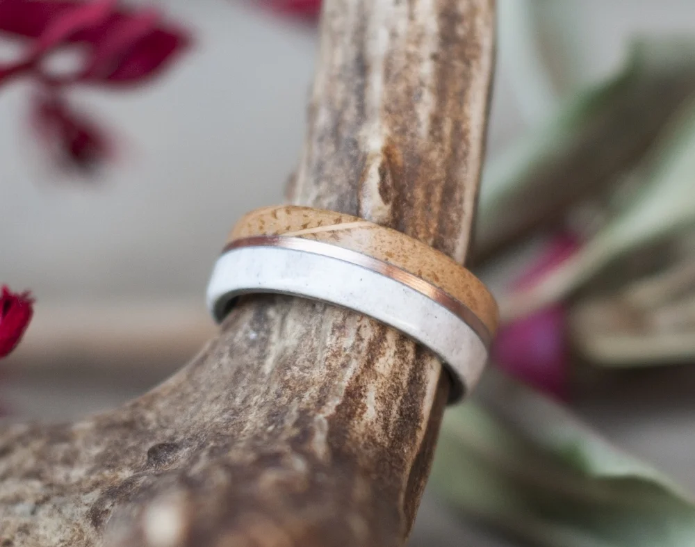 Whiskey barrel men's wedding band featuring elk antler & 1ok gold.