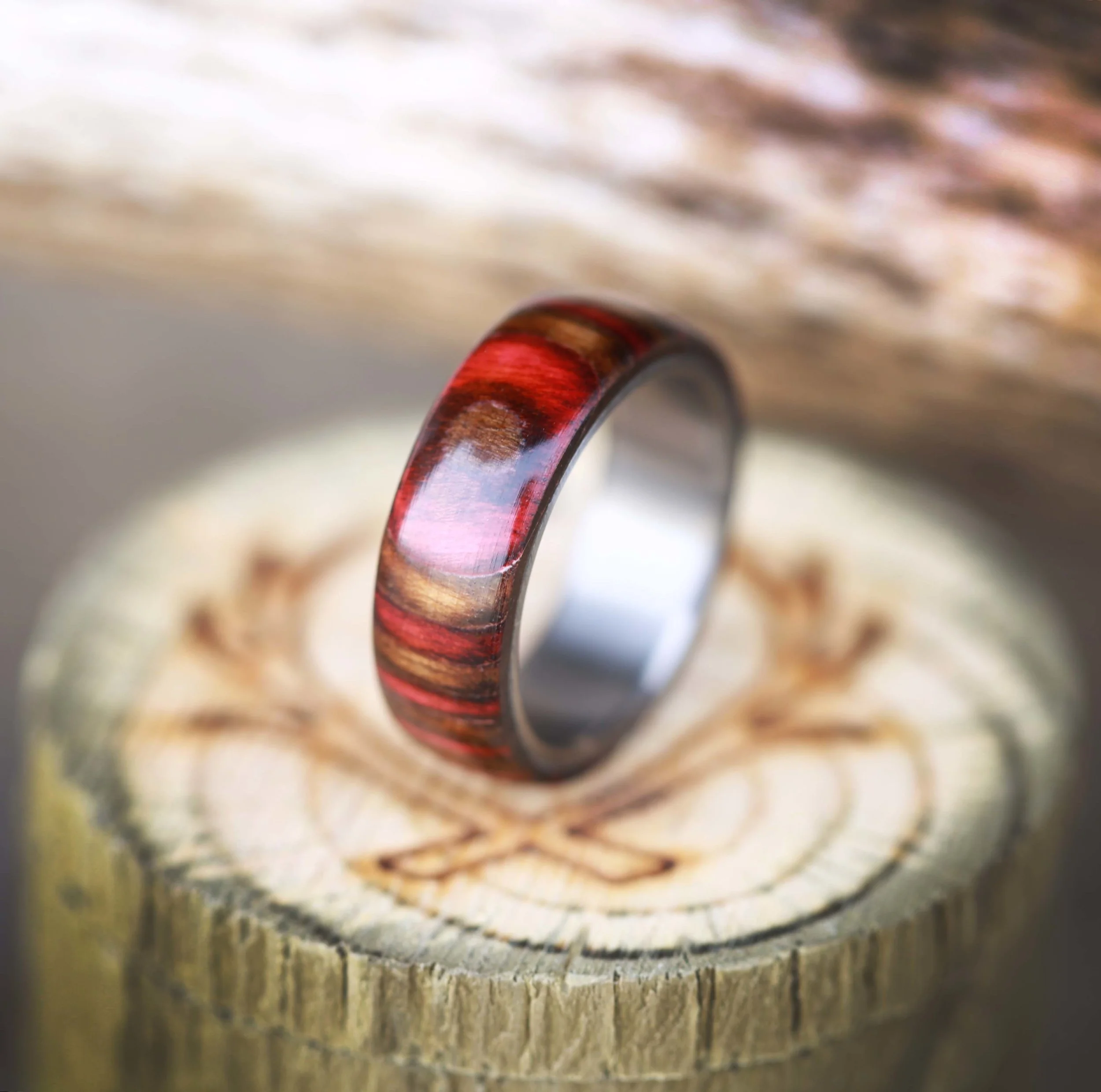 Brown and Red Wood Wedding Ring for Men. Handcrafted by Staghead Designs.